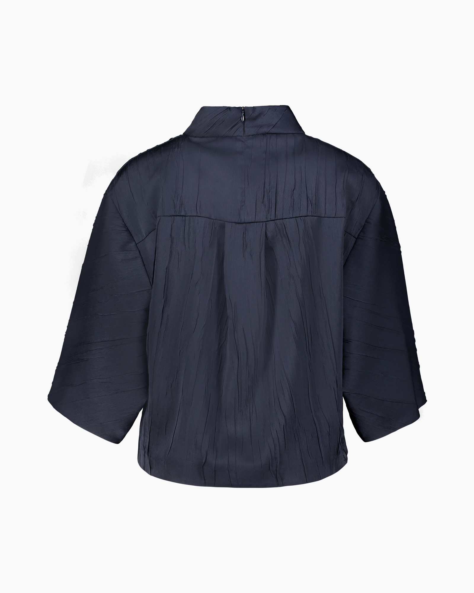 jacket, navy, crinkled, short sleeve, back view