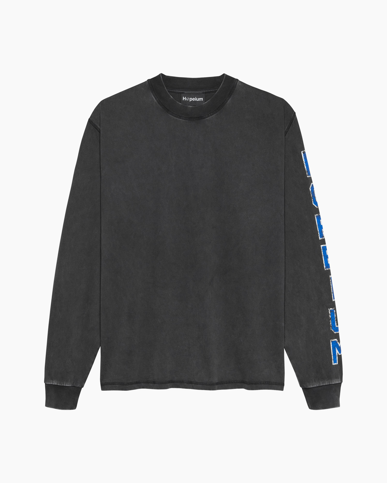 long-sleeve, crew-neck, solid, washed, graphic-letters on sleeve