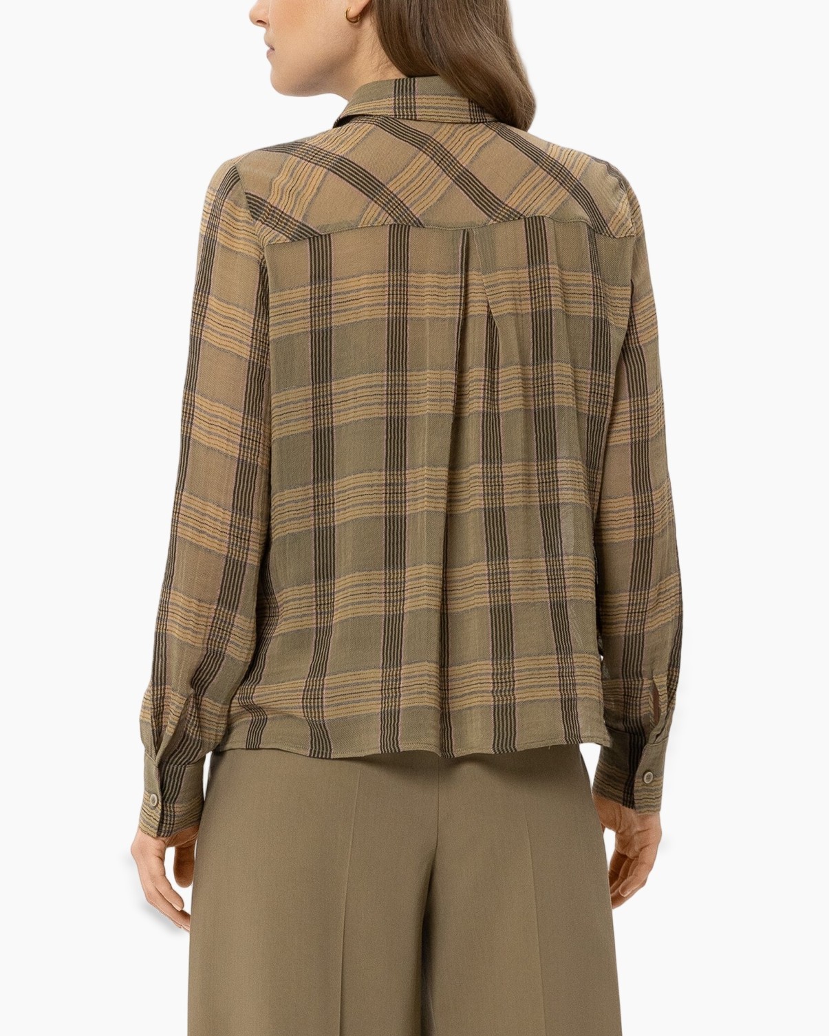 plaid shirt, wrap blouse, lace-trim top, olive green, wide-leg pants
