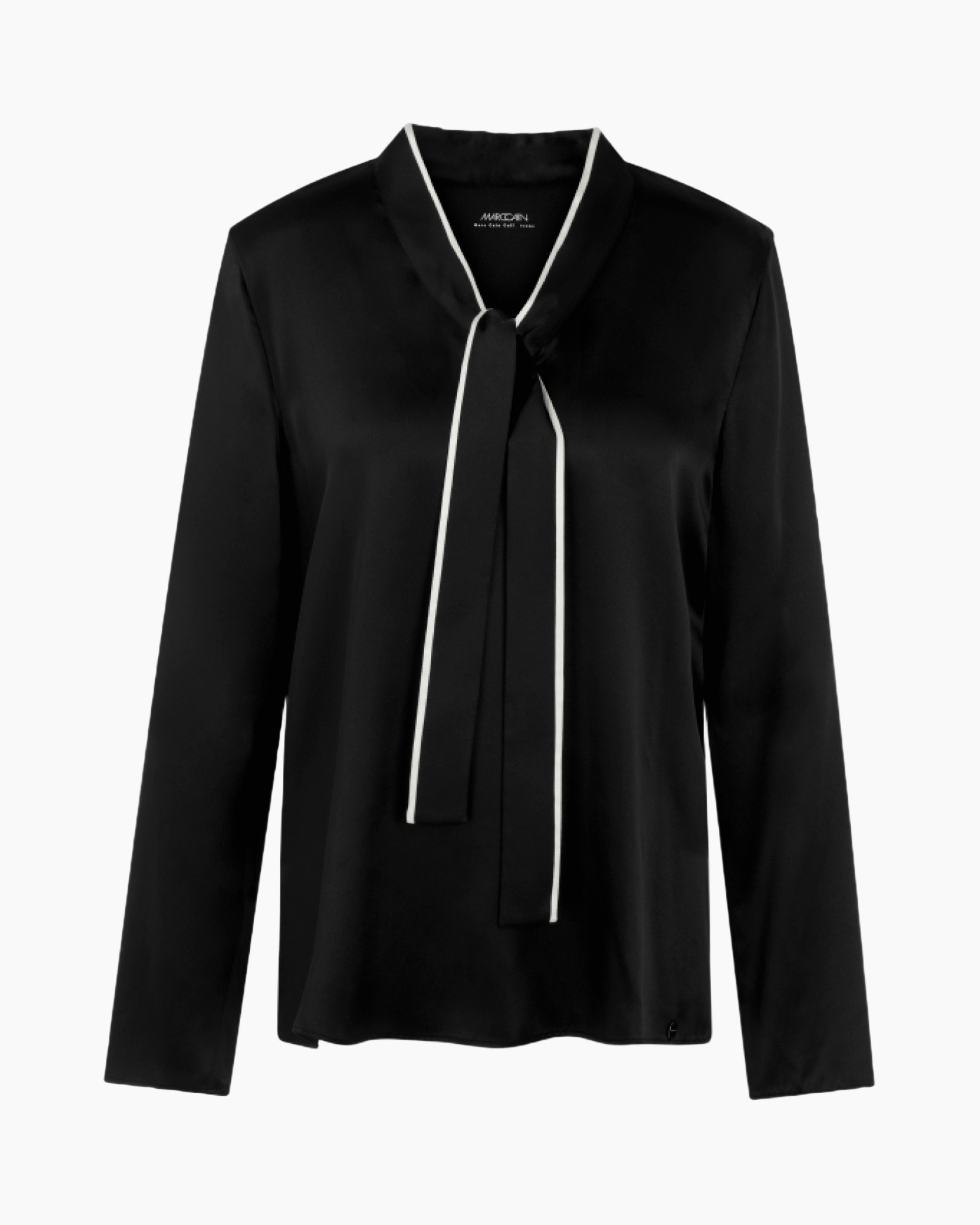 blouse, black, long-sleeve, tie-neck, silk-looking