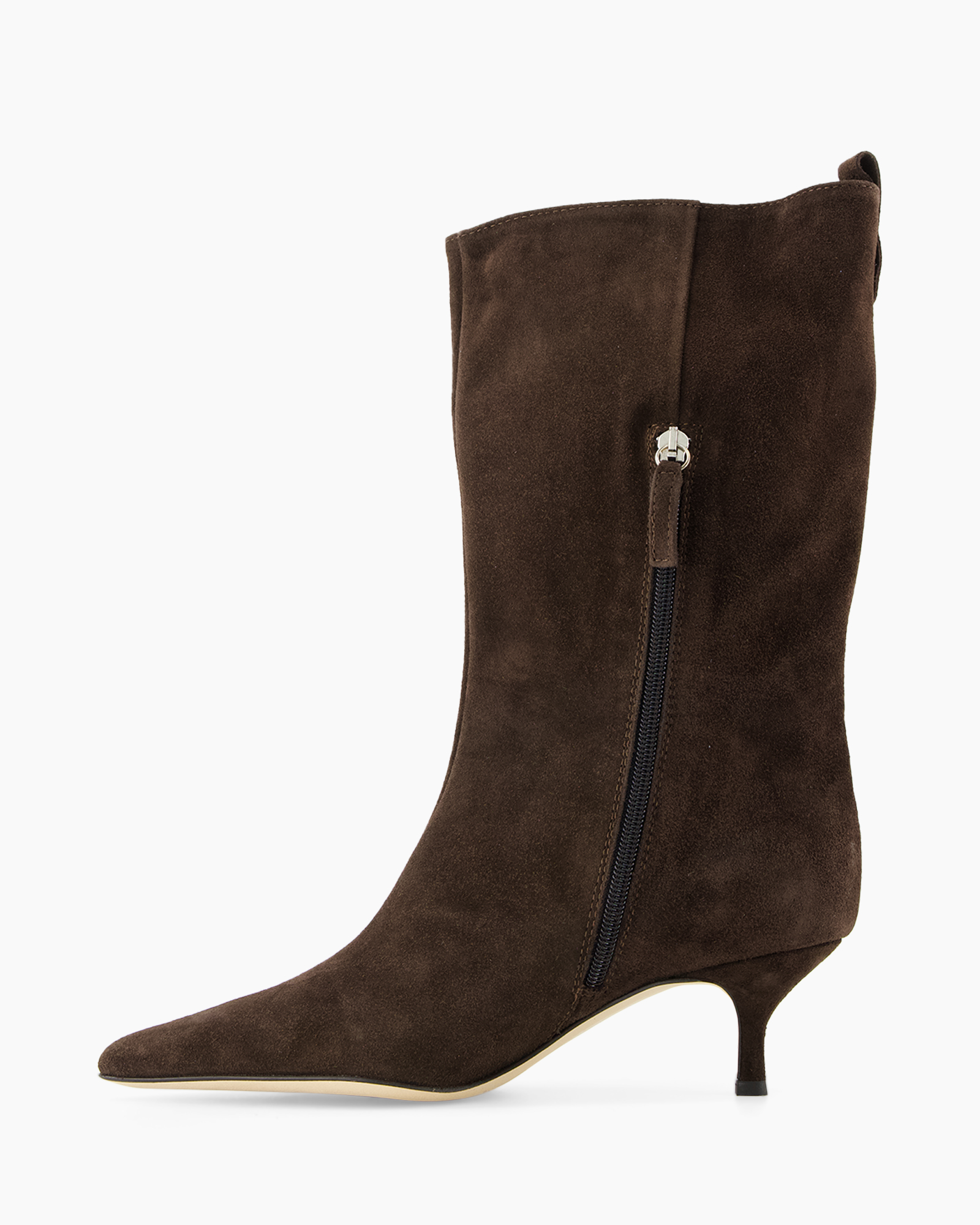 boots, ankle boot, mid heel, zipper, brown suede