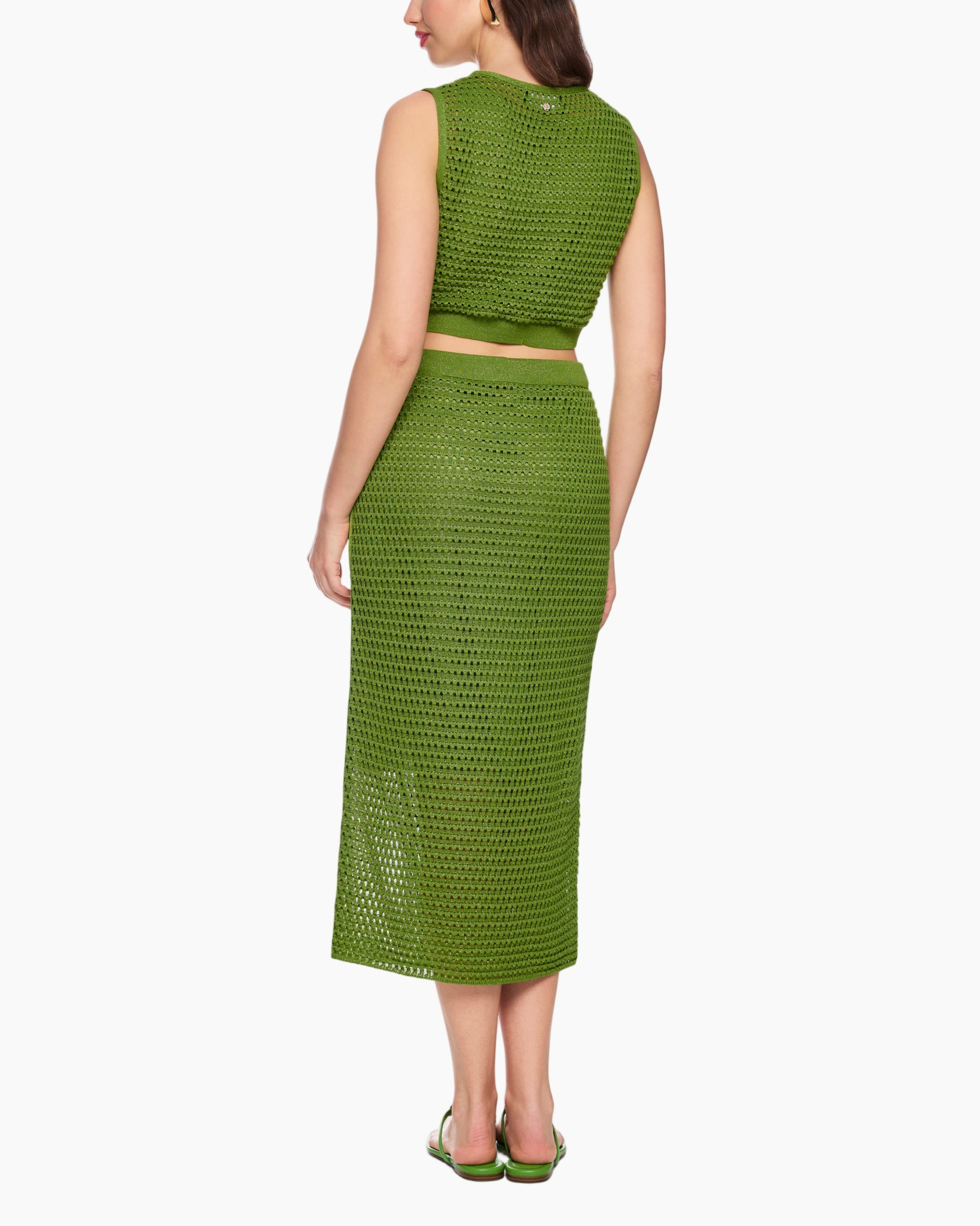 green dress, knit dress, crop top, mid-length, two-piece set