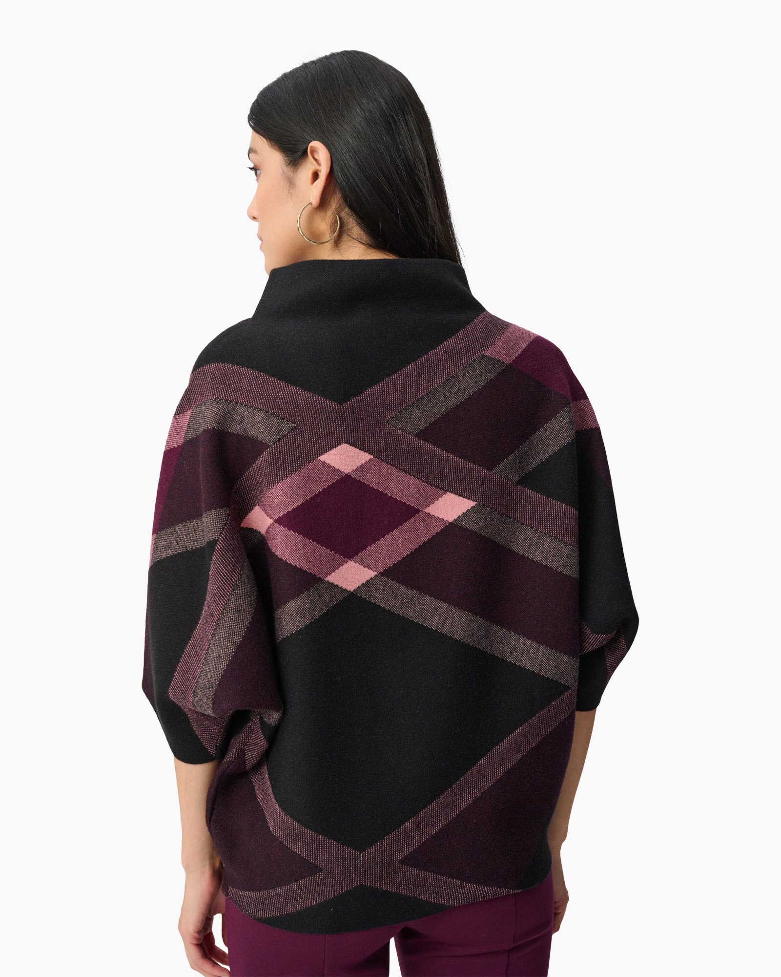poncho, geometric pattern, plaid, purple, short sleeve