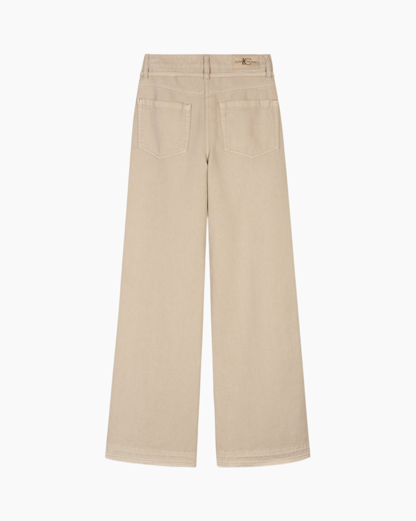 beige pants, wide leg, jeans / denim-like, back pockets, ankle length