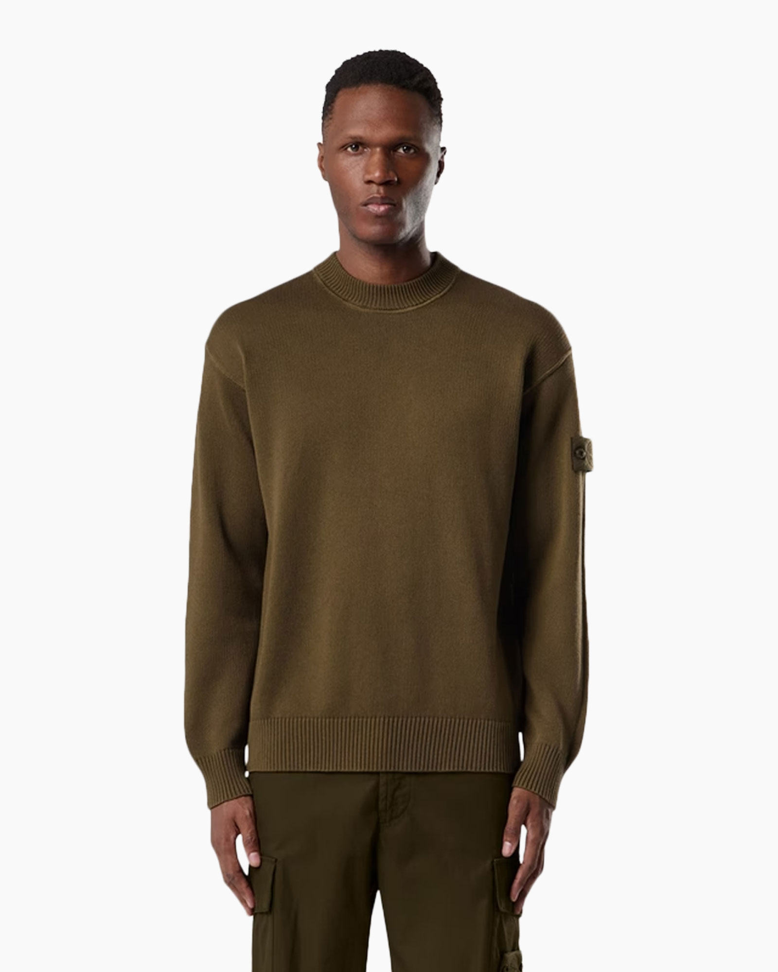 sweater, crewneck, olive, long_sleeve, knit