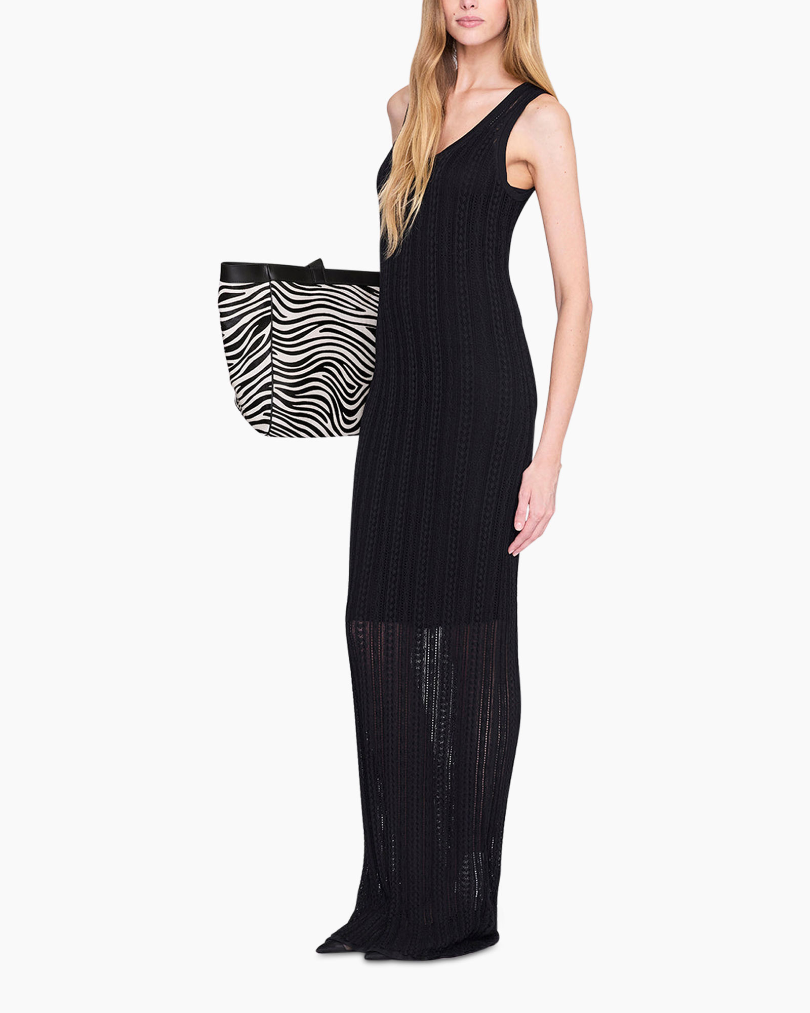 maxi dress, knit dress, black dress, sleeveless, tote bag