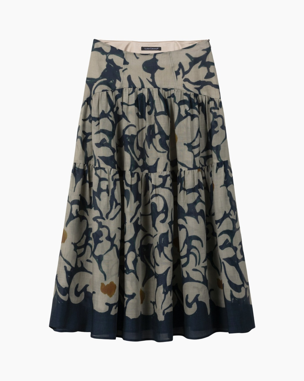 skirt, tiered, print, linen-cotton, blue-gray