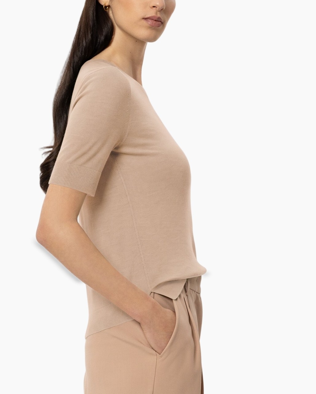 beige top, short sleeve, knit top, women's top, soft fabric