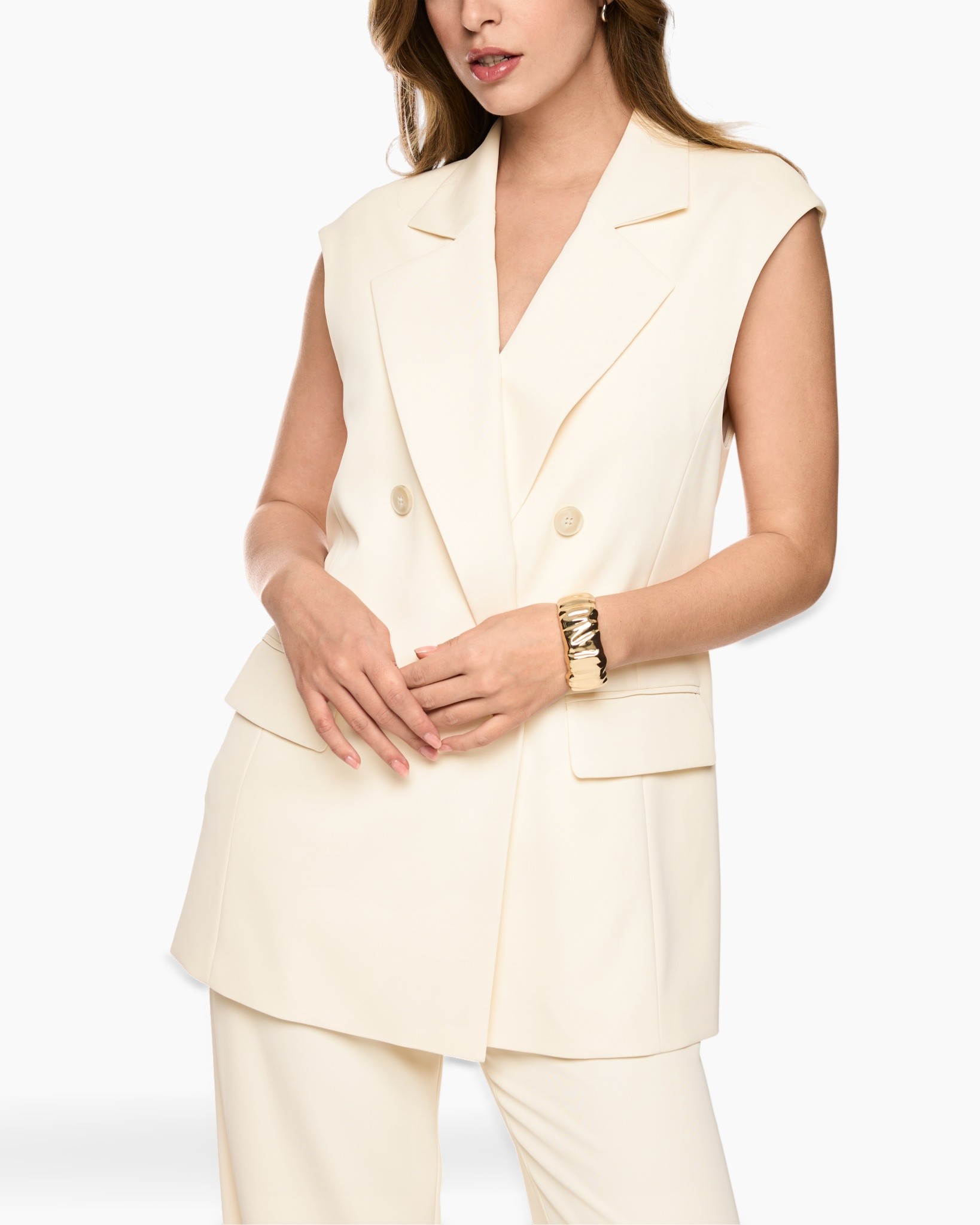 cream, vest, double-breasted, sleeveless, pocket
