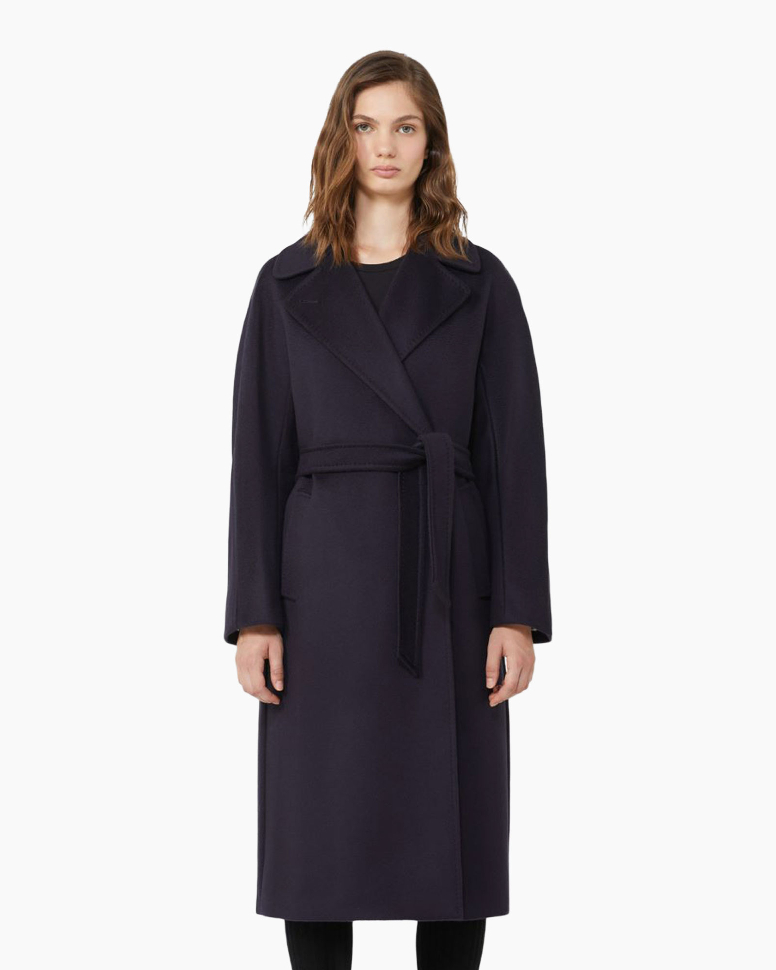coat, long, belted, dark, solid