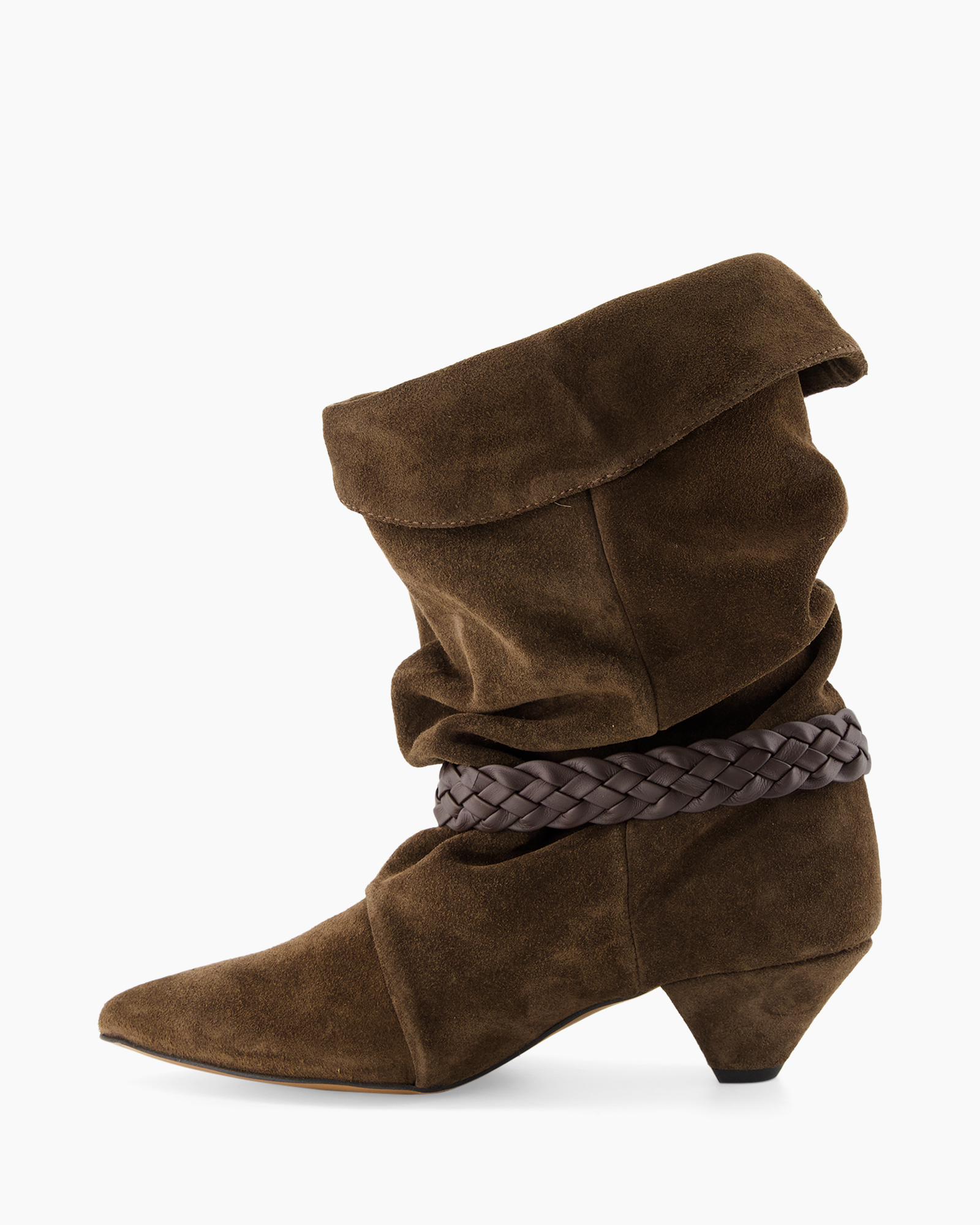 ankle boot, brown suede, folded shaft, braided belt, low heel