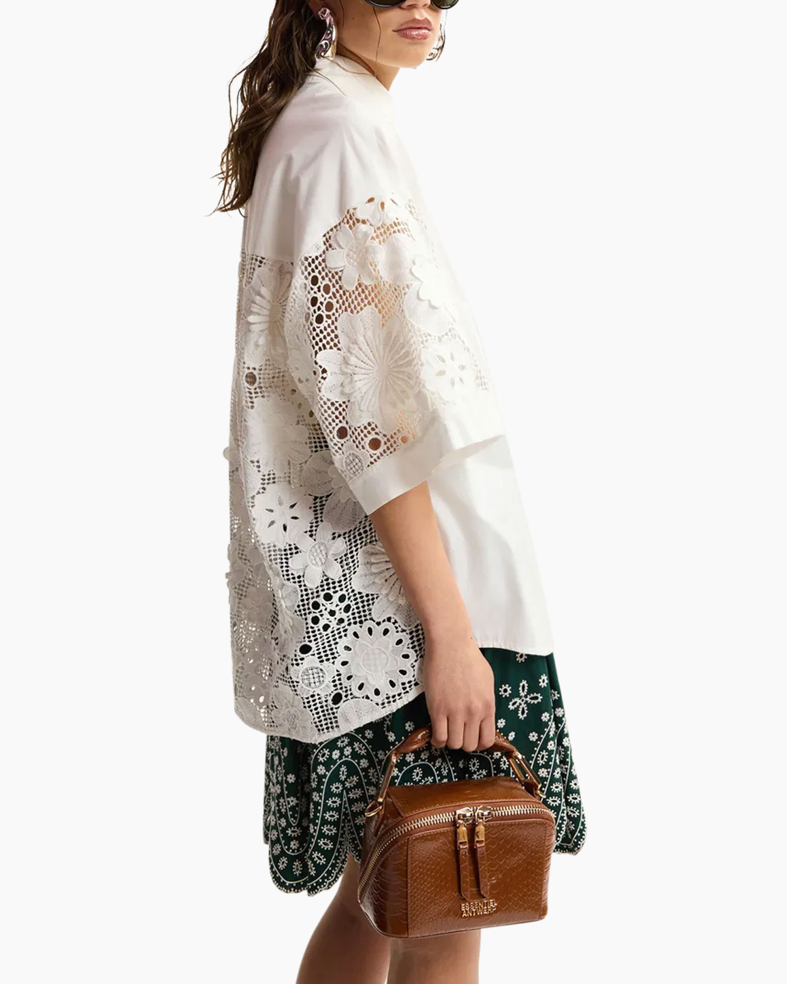 lace, crop, white, top, bag