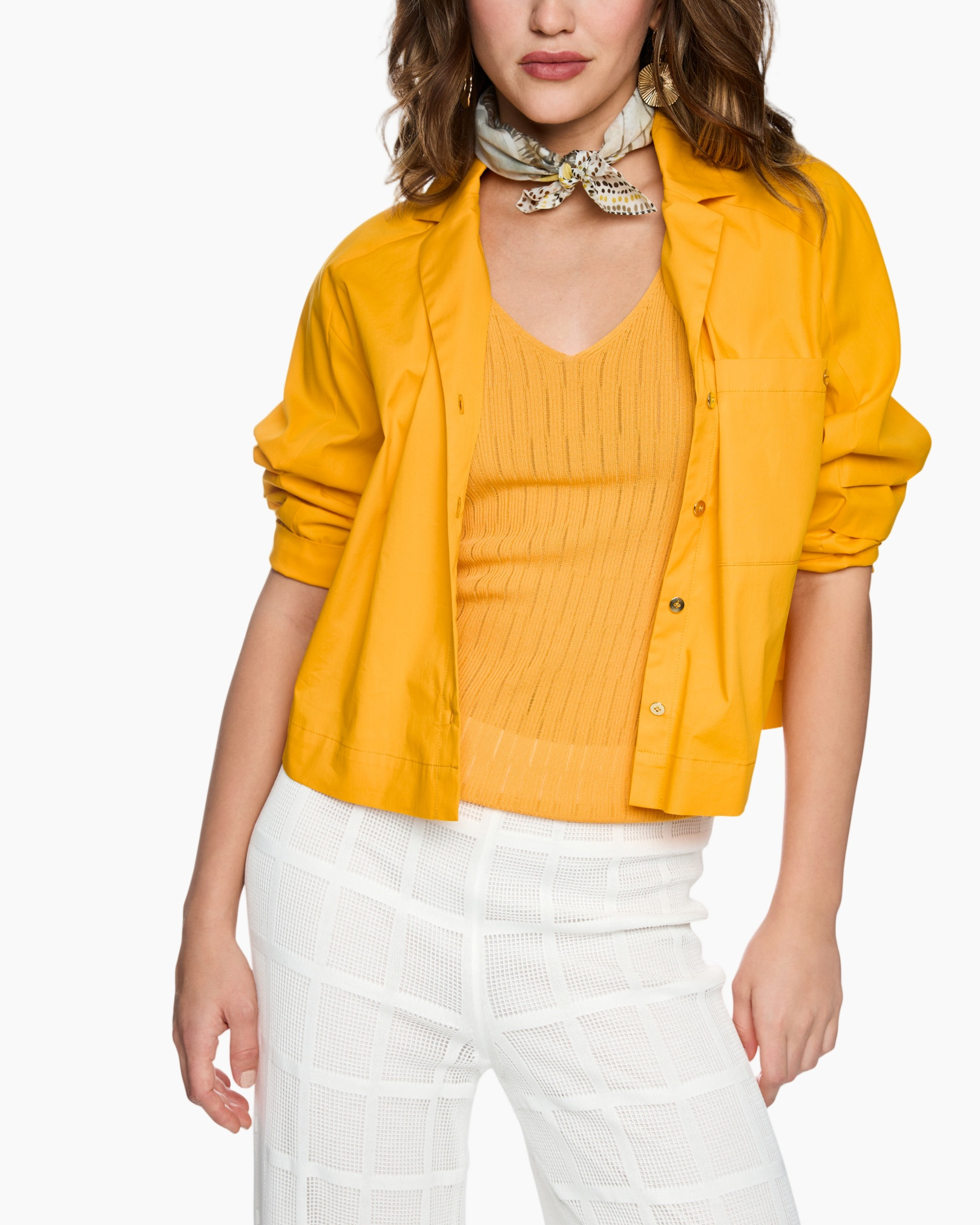 yellow jacket, cardigan, scarf, white check pants, v-neck top