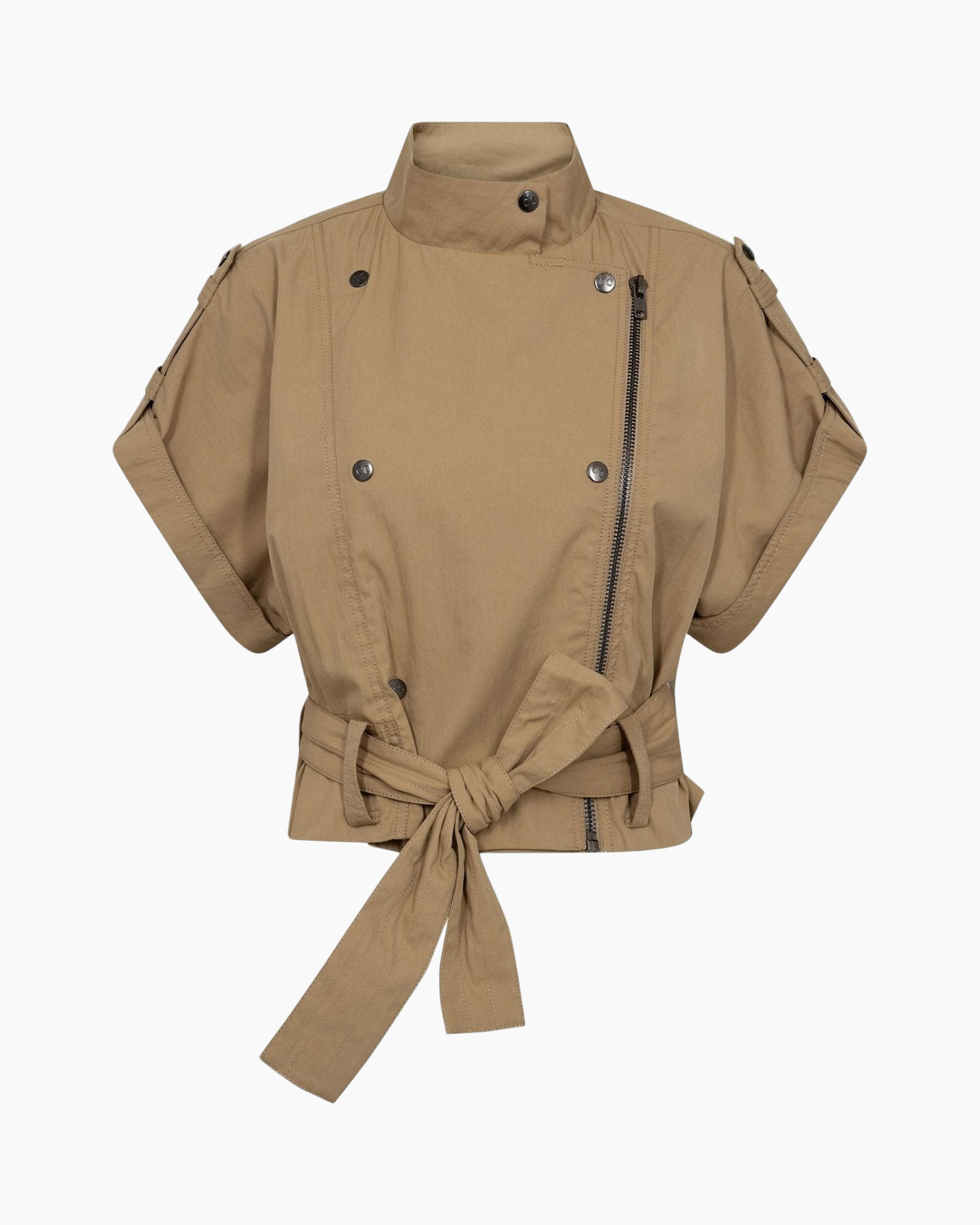 jacket, crop top, belted, khaki, zipper
