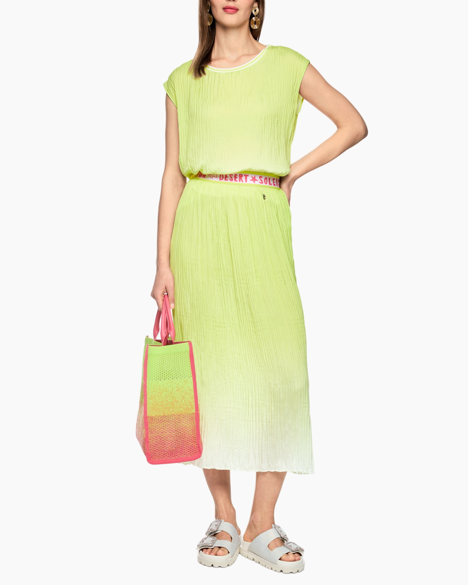 dress, maxi, pleated, neon, lime green