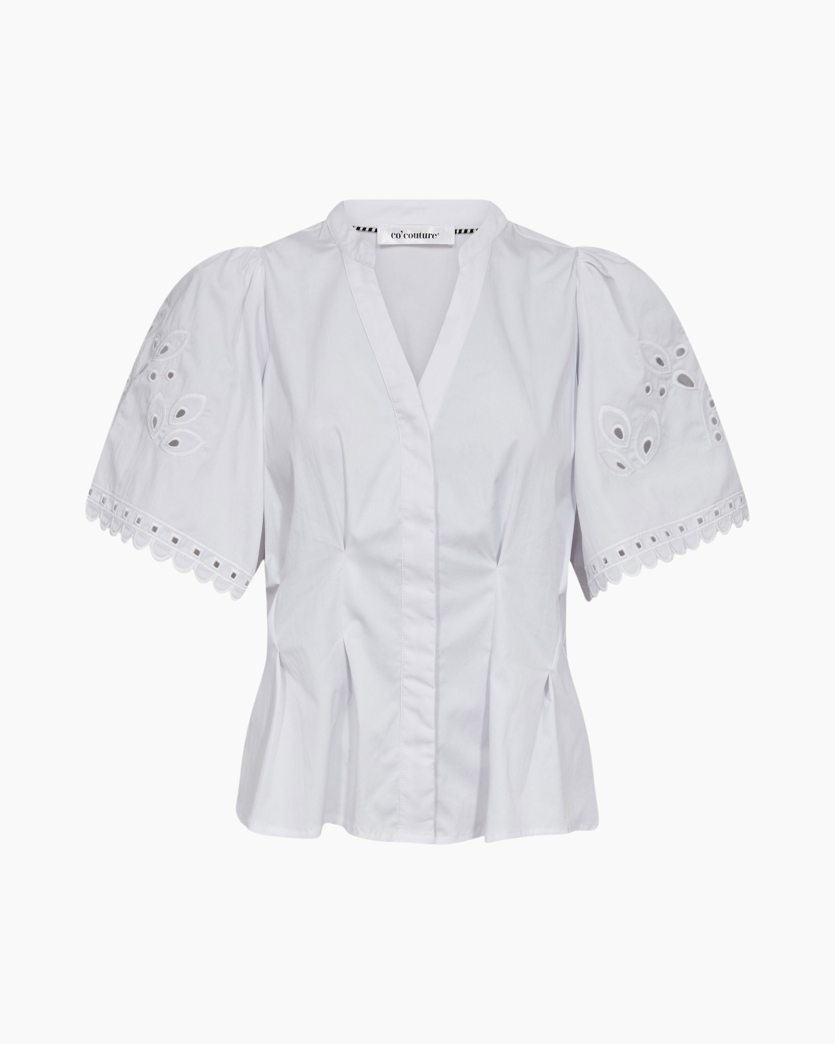 white blouse, short sleeves, eyelet details, v-neck, peplum silhouette
