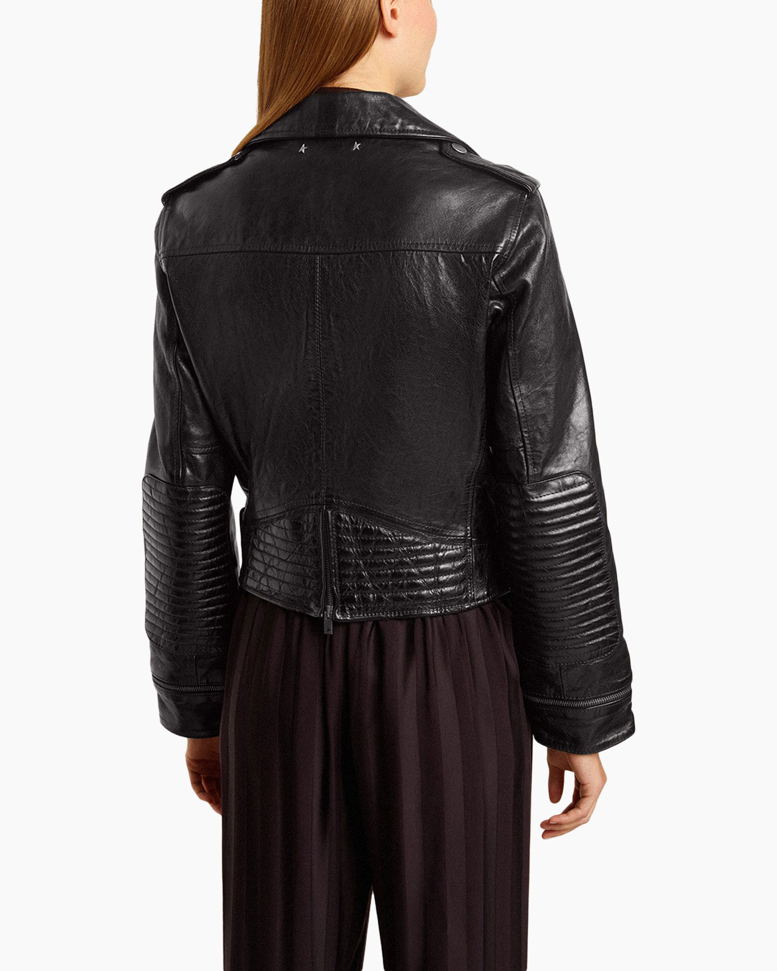leather jacket, biker jacket, zipper, front pocket, silver hardware