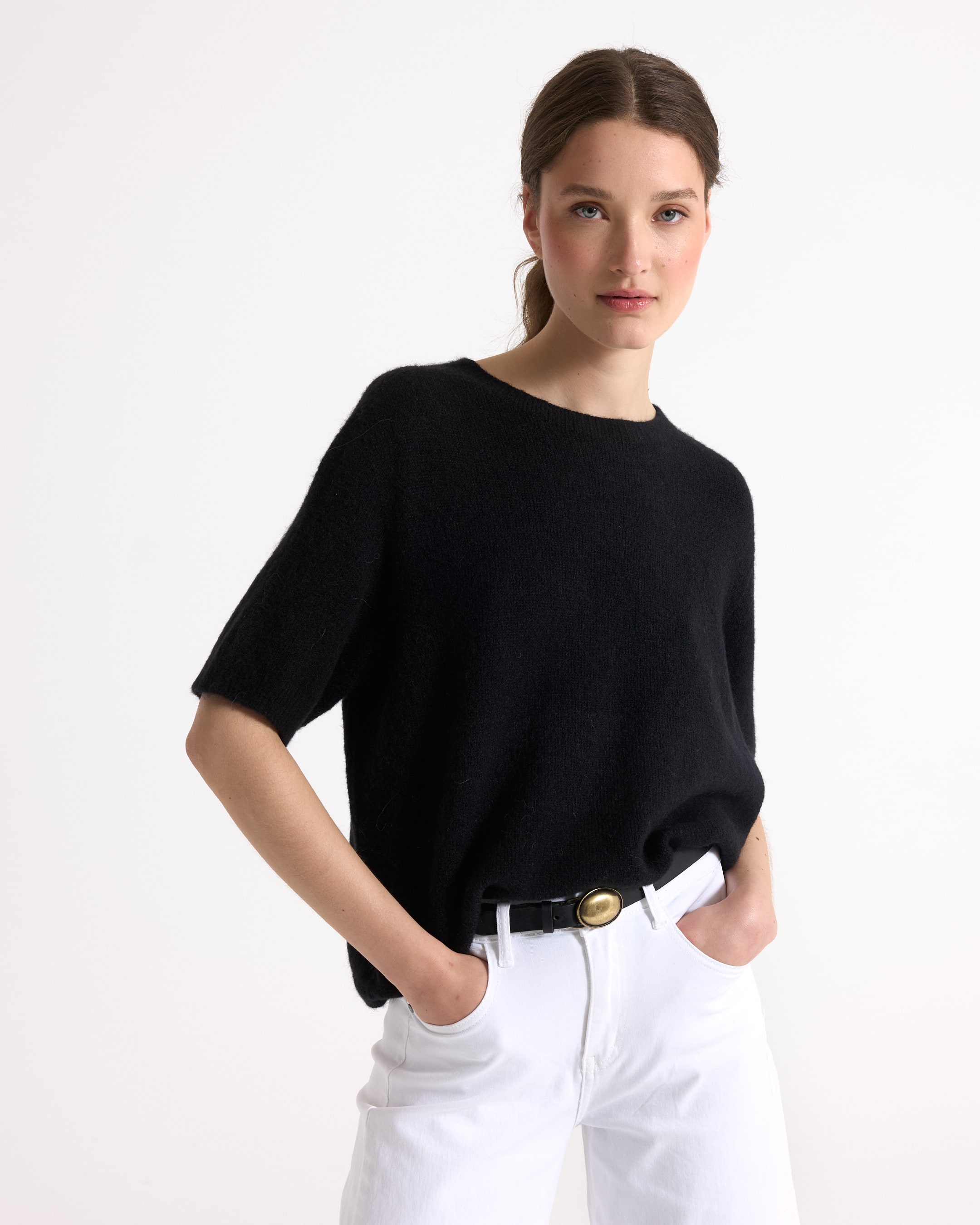 black sweater, crew neck, short sleeves, knit top, plain black