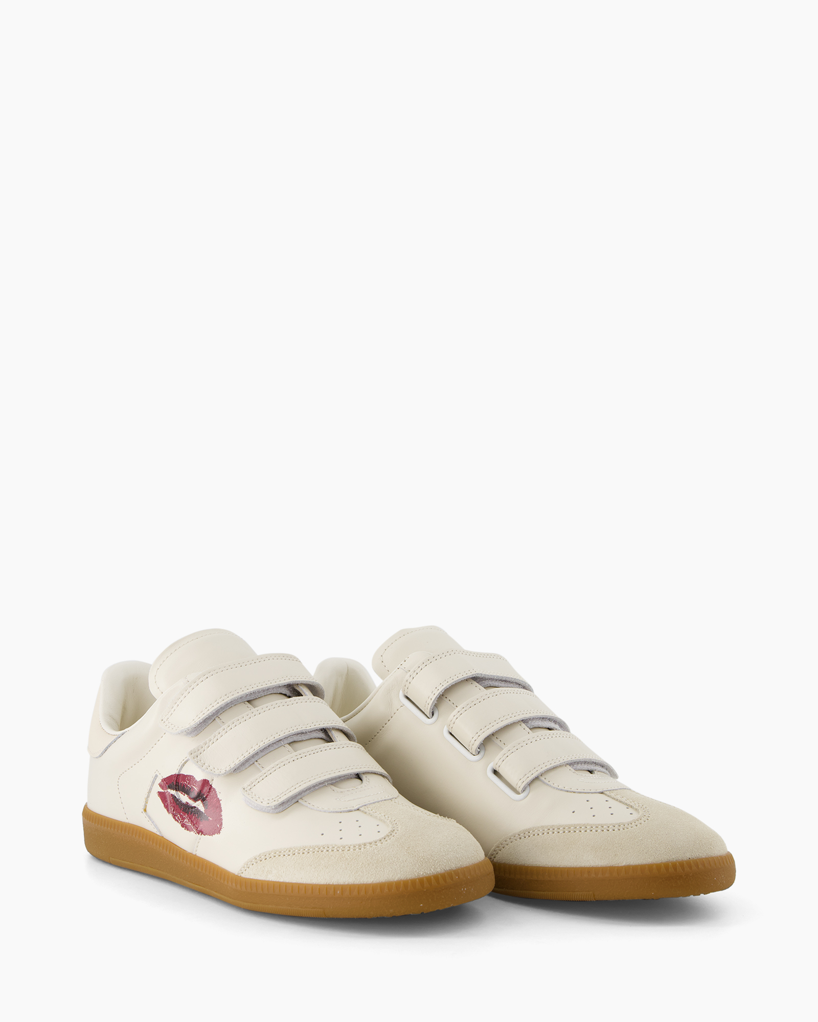 sneaker, white, velcro, gum sole, lip print