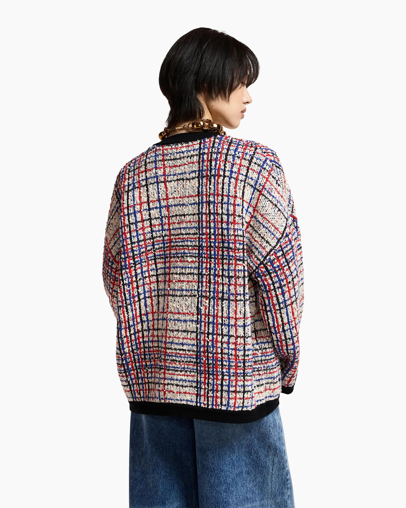 tweed jacket, plaid pattern, knit texture, crew neck, dark trim