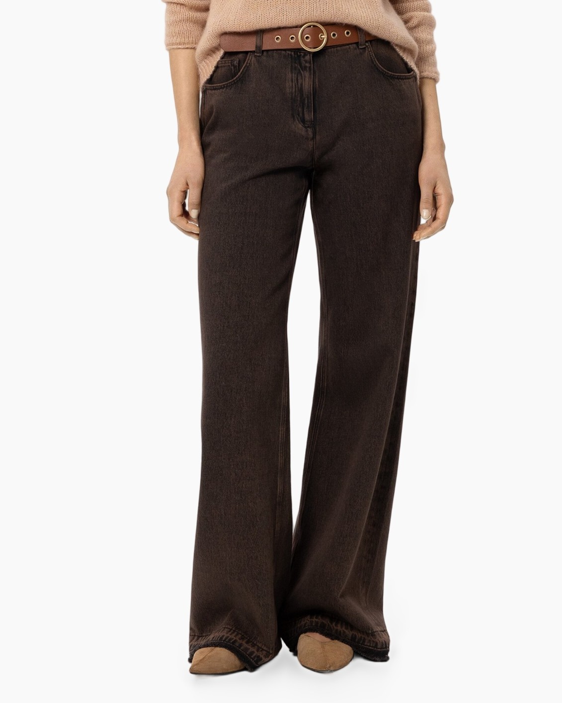 pants, wide-leg, brown, denim, belted