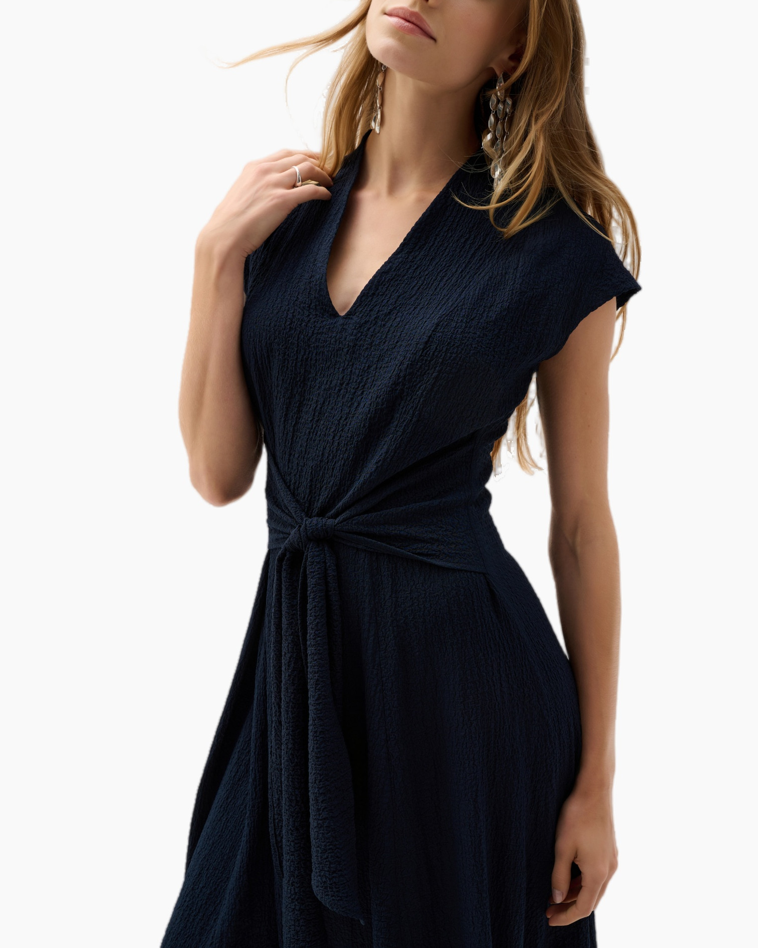 dress, navy, wrap, knee-length, textured