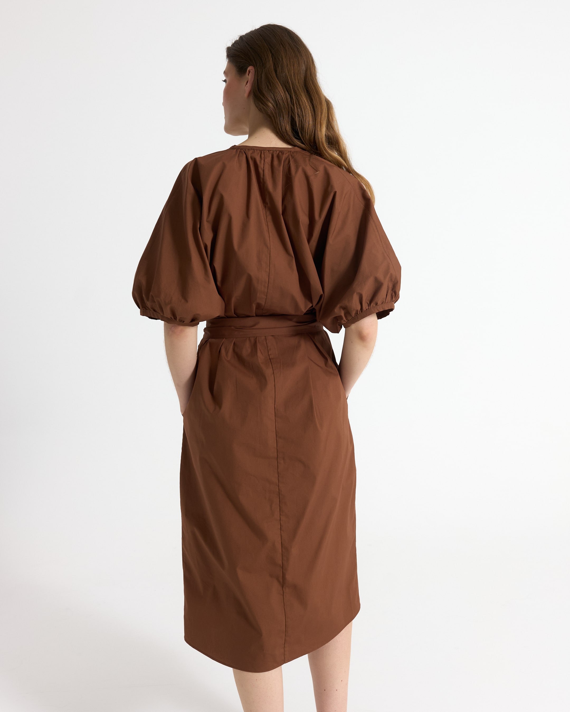 dress, brown, mid-length, short sleeve, belted