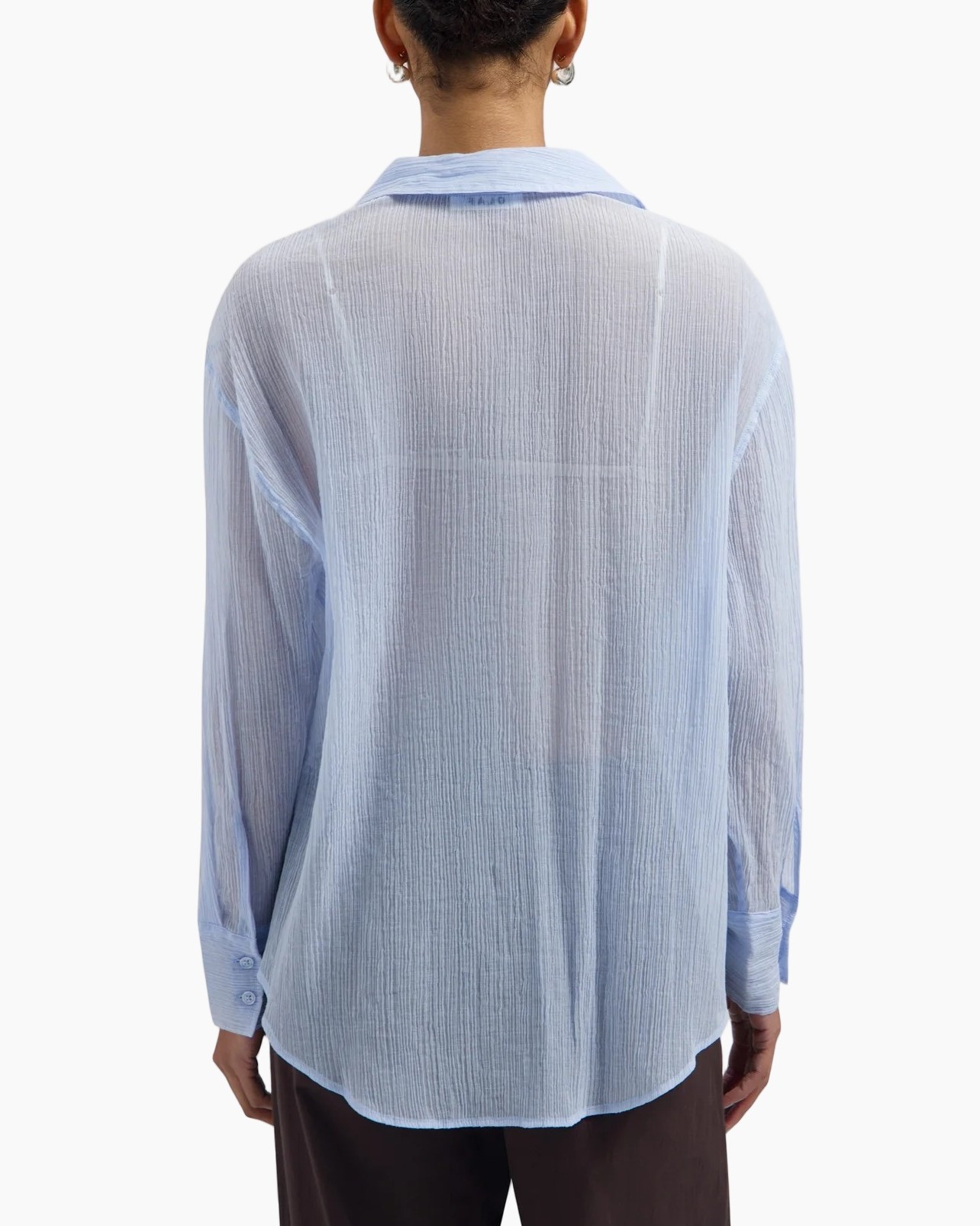 light blue shirt, sheer fabric, collared shirt, long sleeve, back view