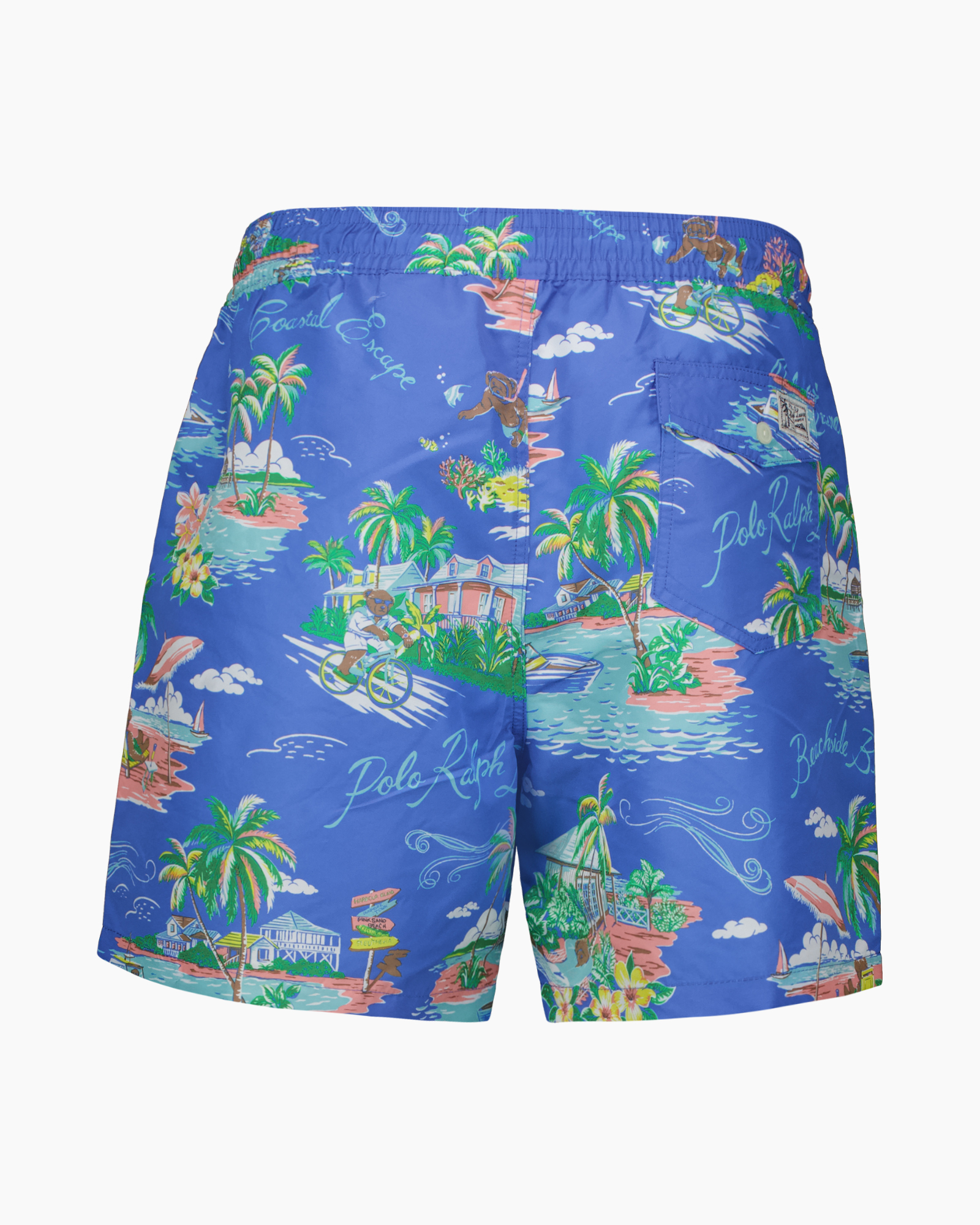swim shorts, board shorts, print, palm trees, blue