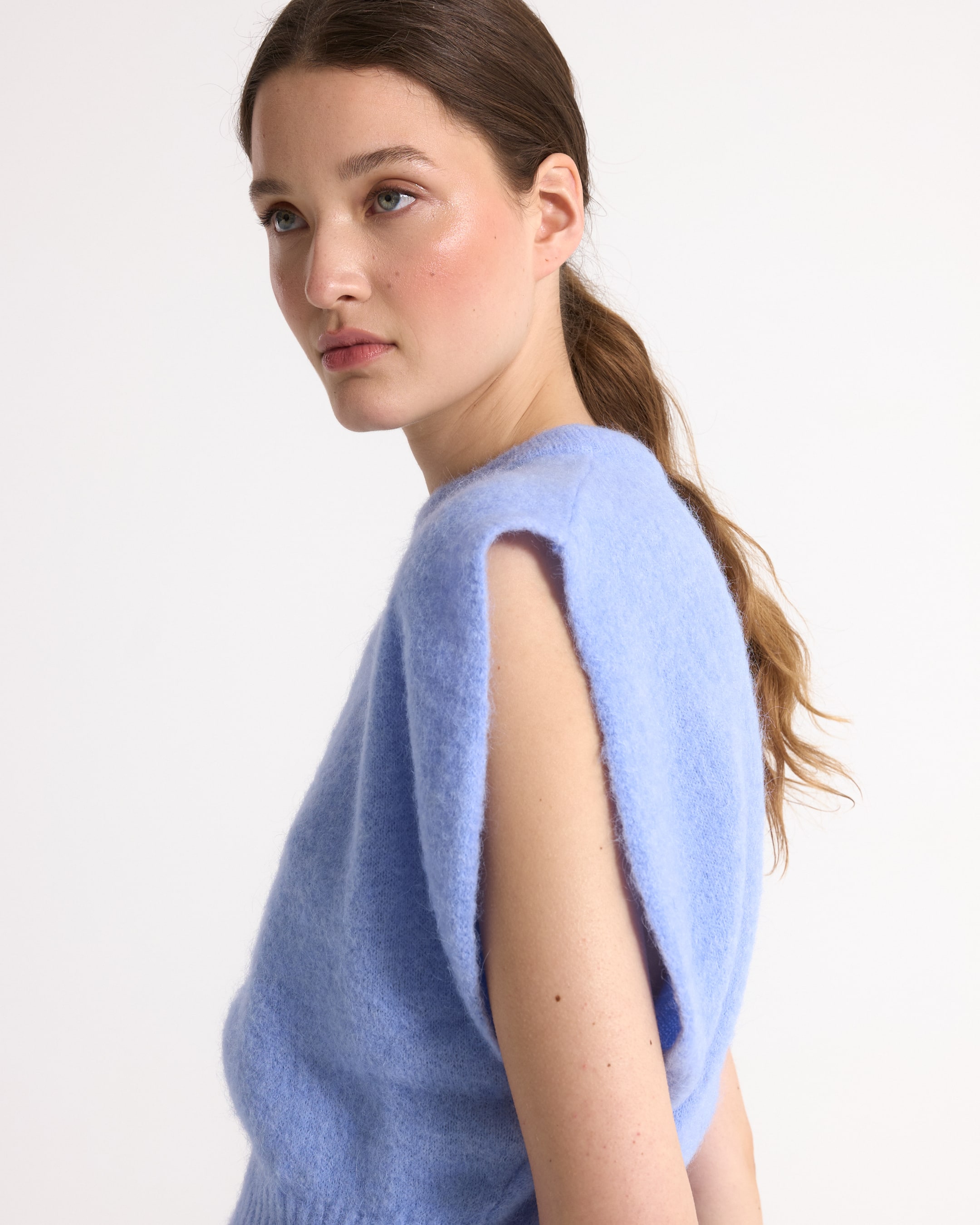 blue sweater, knit top, sleeveless, soft texture, pullover