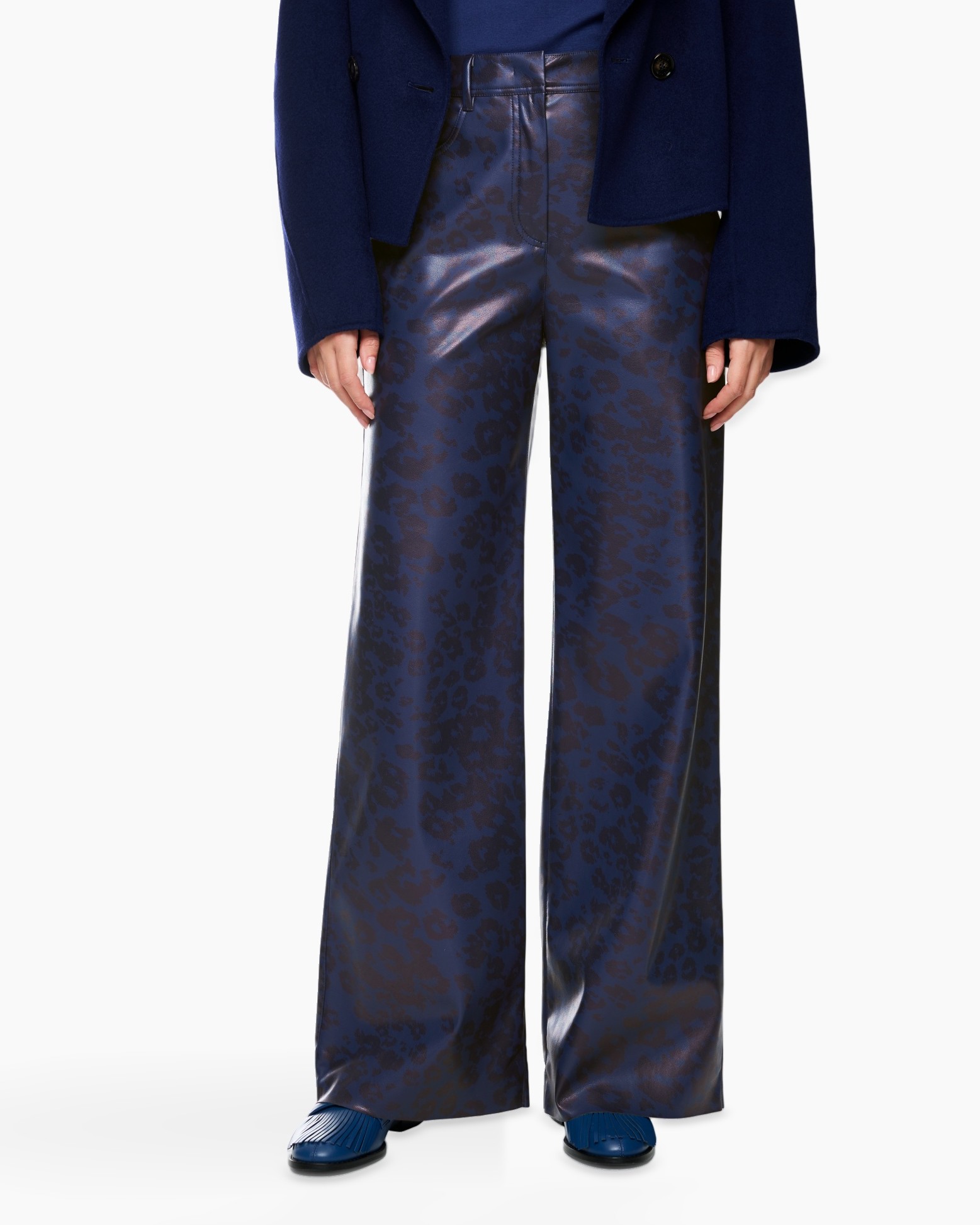 pants, wide-leg, iridescent, leopard print, silk-like fabric
