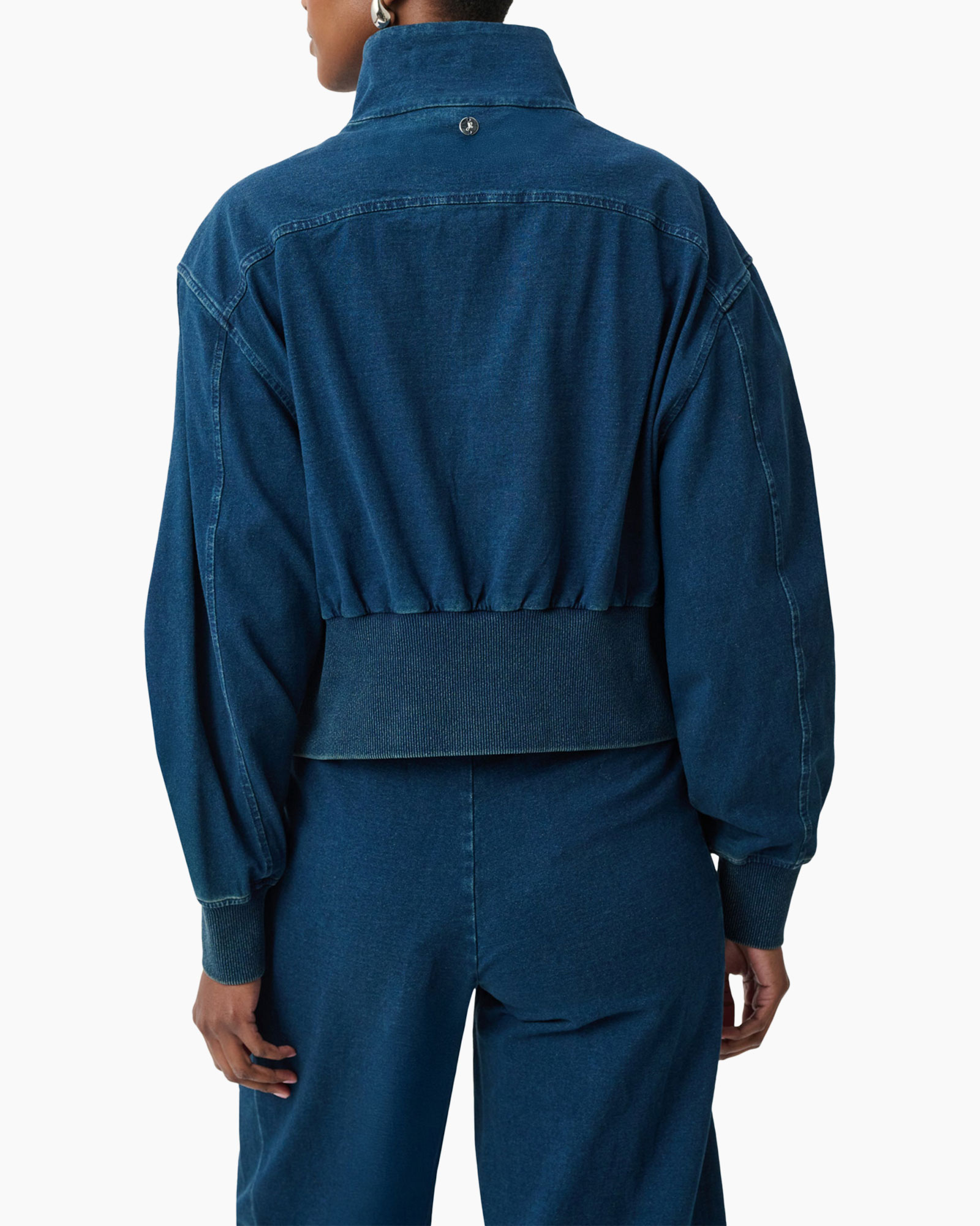 denim, jacket, zipper, high collar, punched rib knit waistband