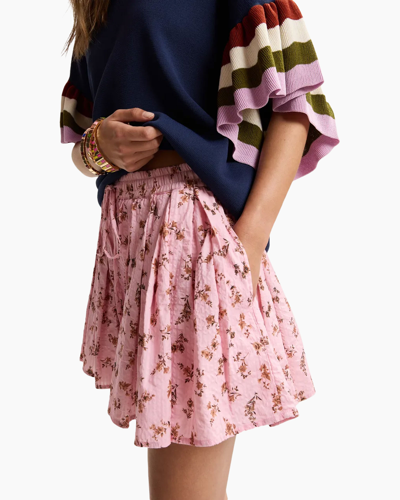 pink floral skirt, pleated skirt, mini skirt, elastic waist, casual fashion