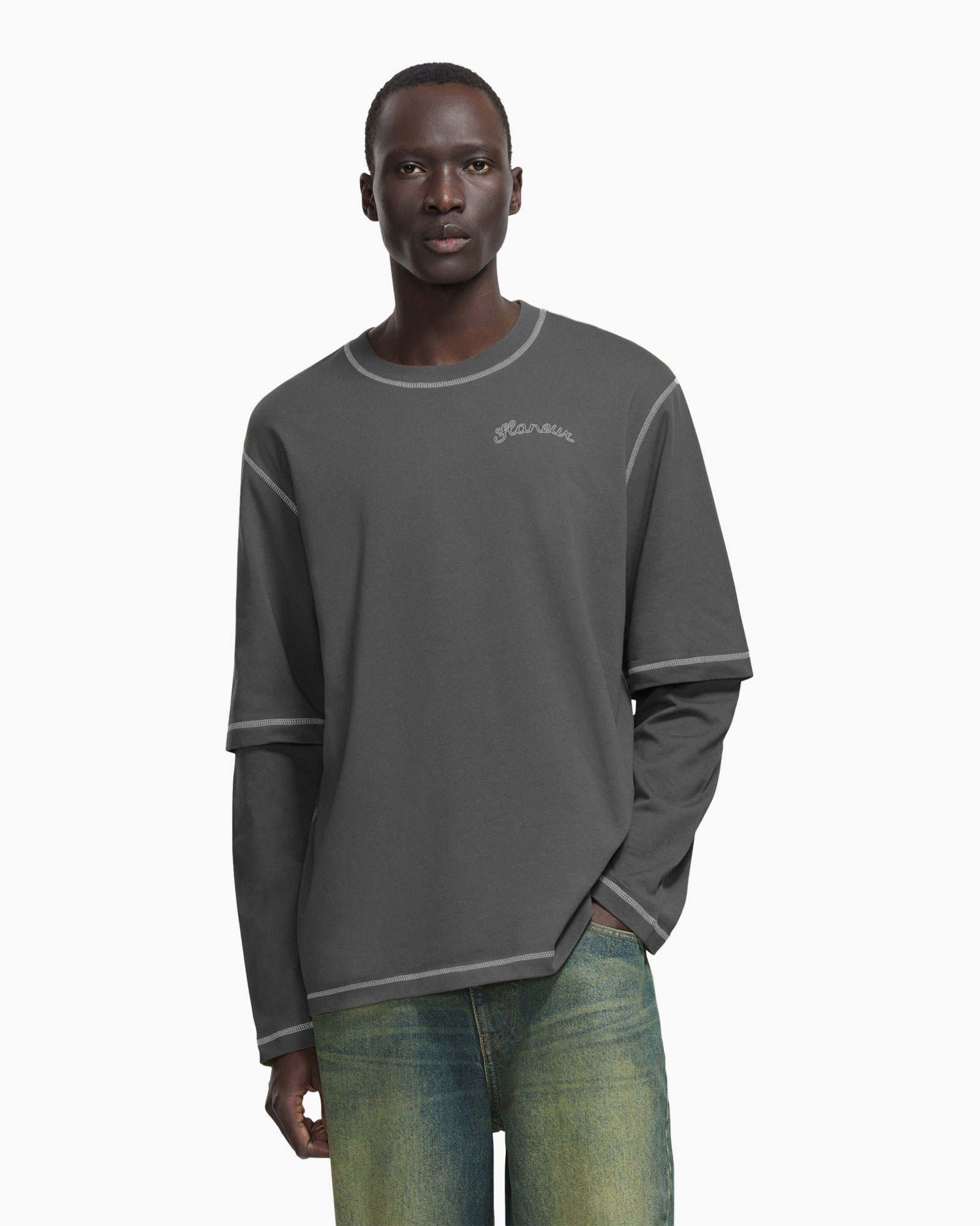 t-shirt, long sleeve, gray, crew neck, stitching details