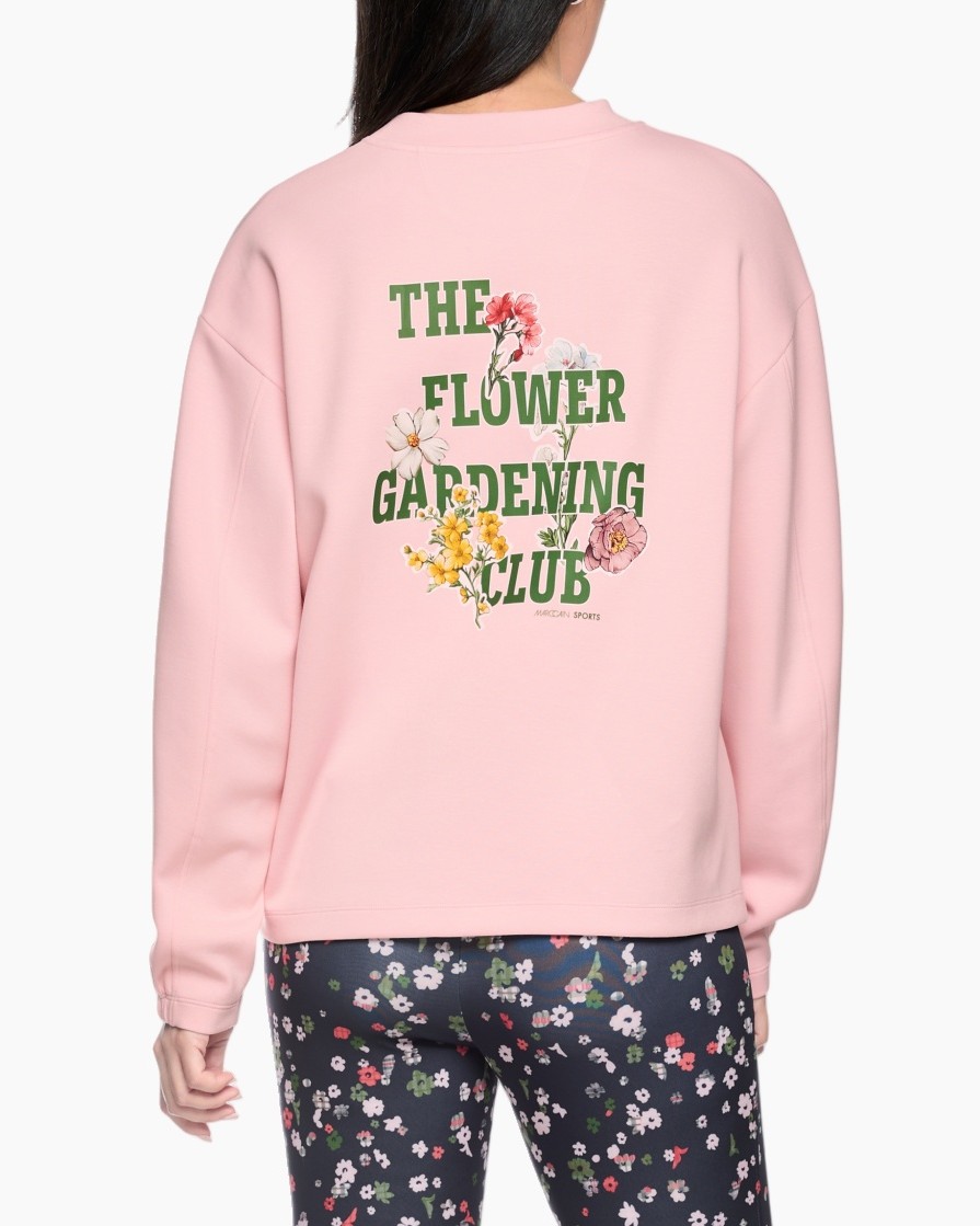 pink sweatshirt, floral print, the flower gardening club, long sleeve, back view, pink, sweatshirt, floral, graphic, back print