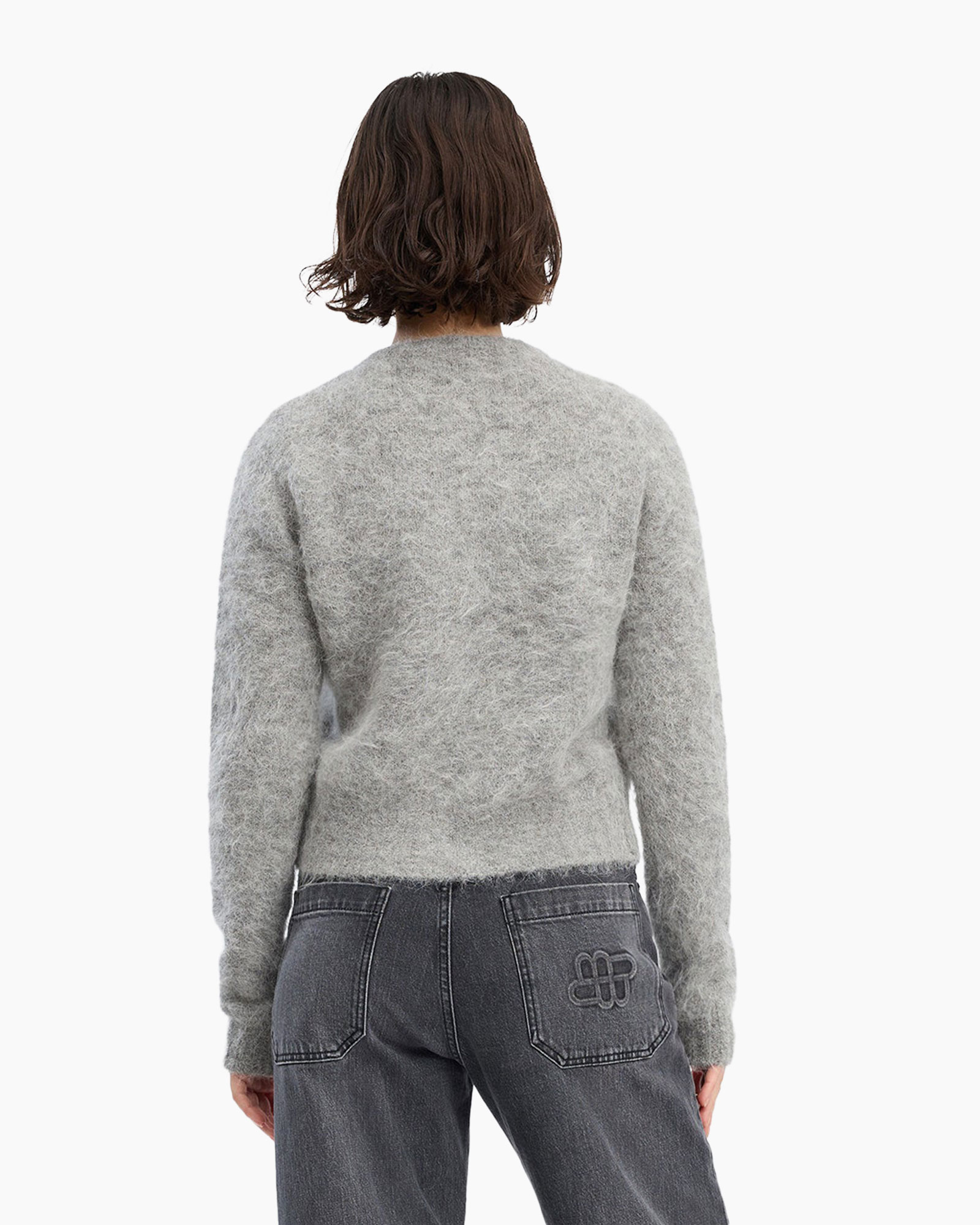 grey, fuzzy sweater, knit, pullover, back view