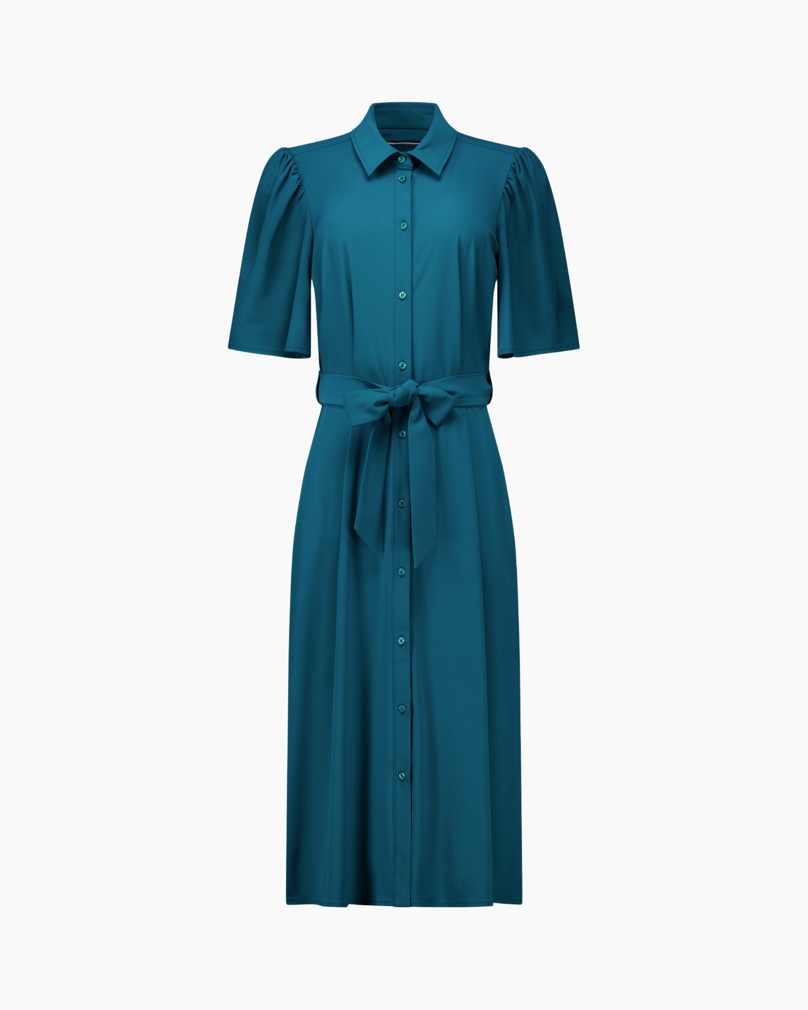 dress, teal, mid-length, button-down, short sleeves