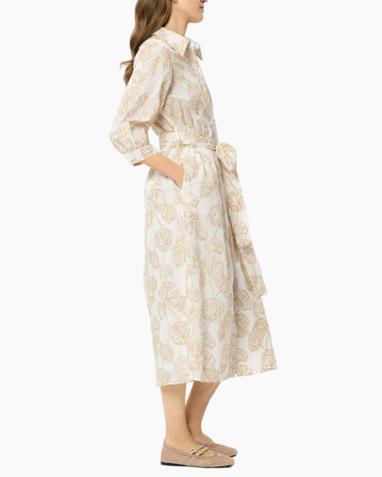 dress, long dress, linen, cream, leaf pattern