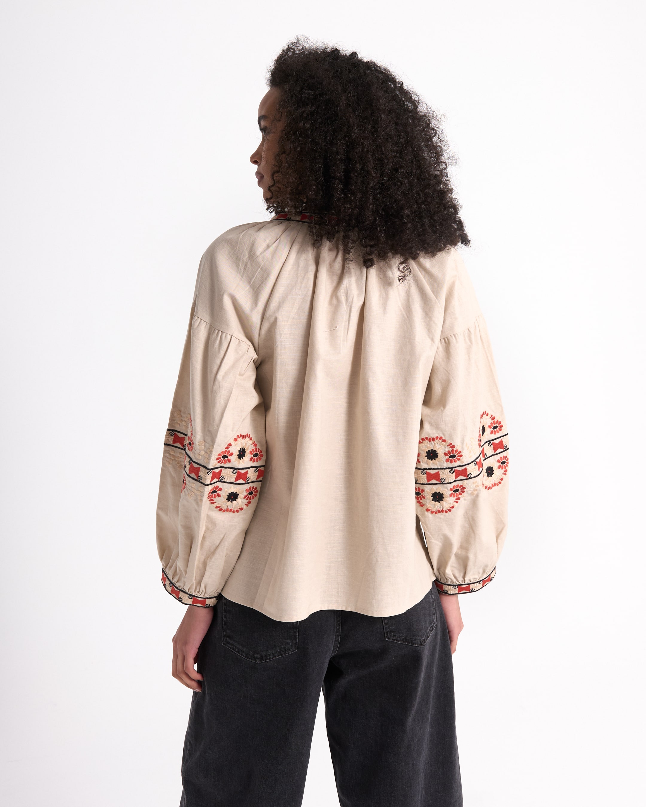 blouse, embroidery, beige, billowy_sleeves, cotton