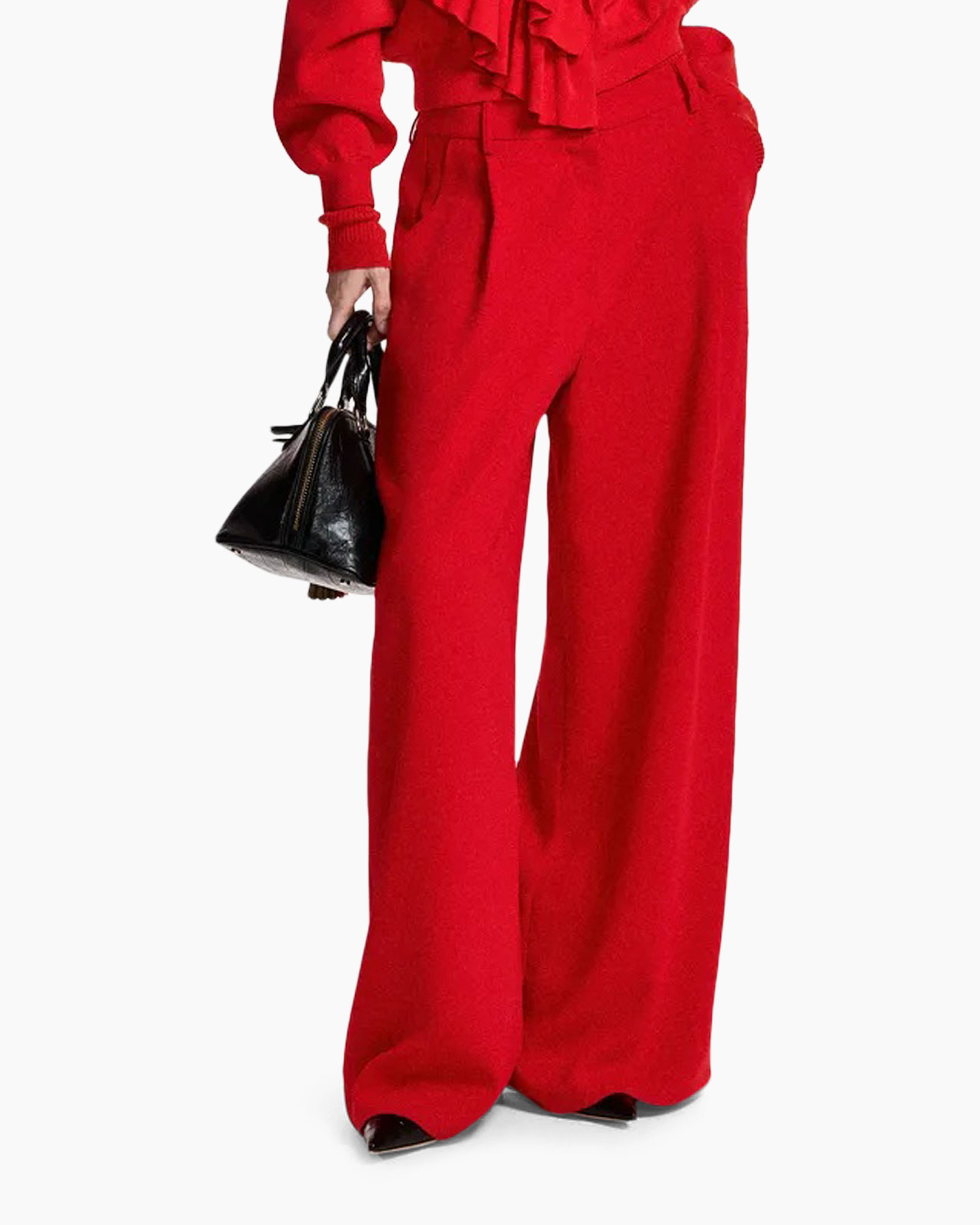 red trousers, wide-leg, high-waist, pull-on, flared