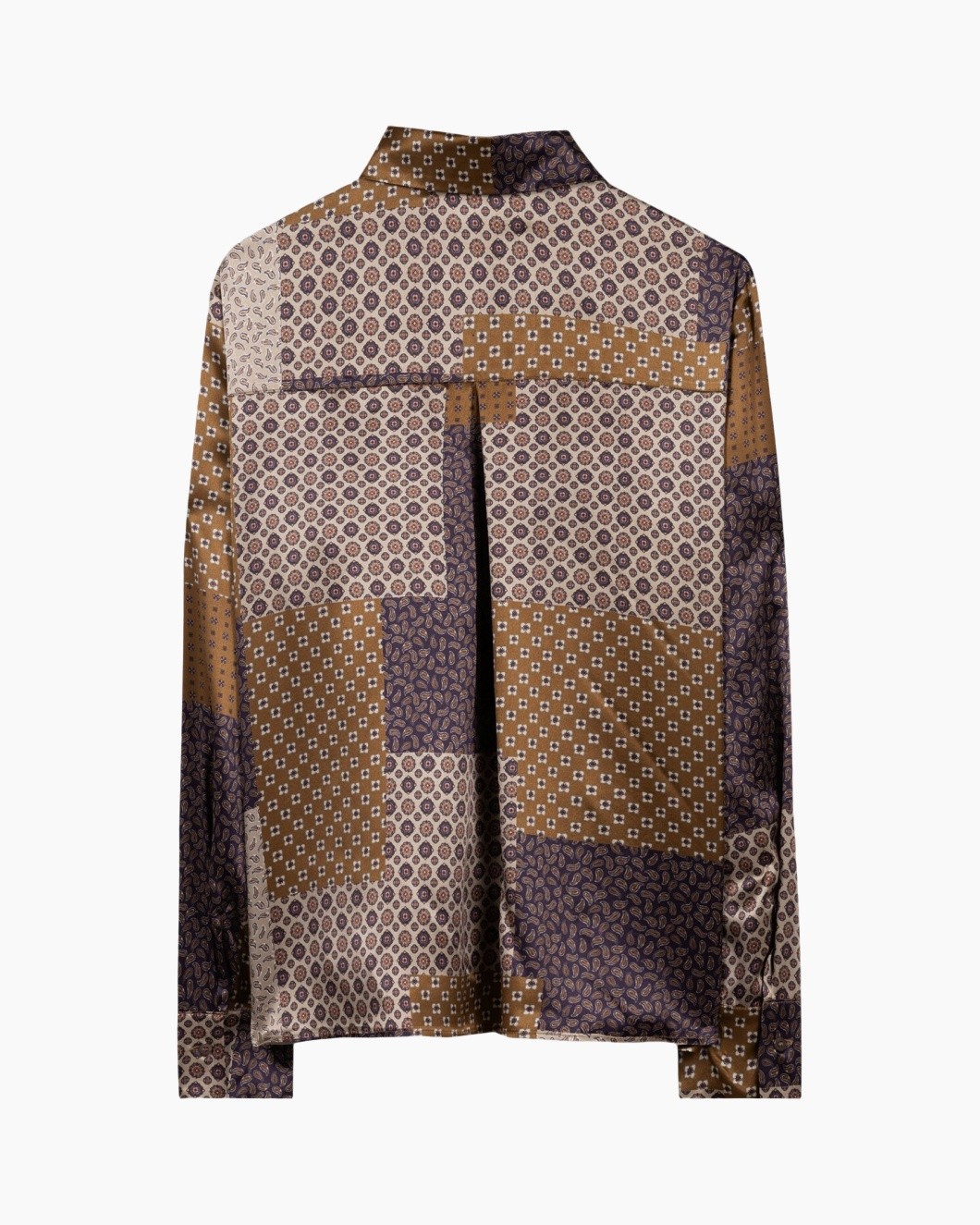 shirt, patchwork, long-sleeve, patterned, collarless?