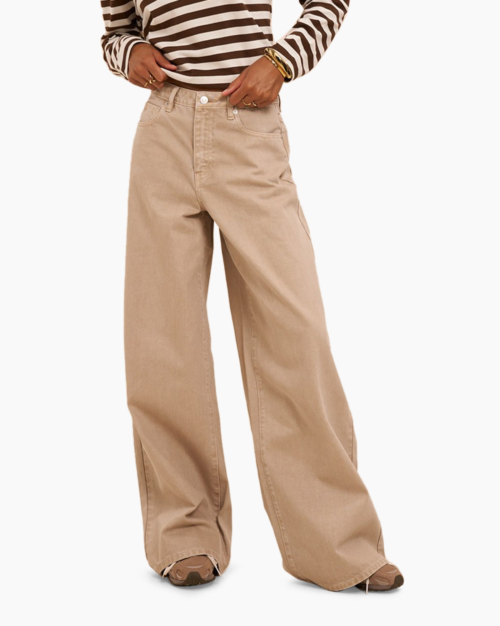 khaki pants, wide-leg, high-waist?, tie?, pants