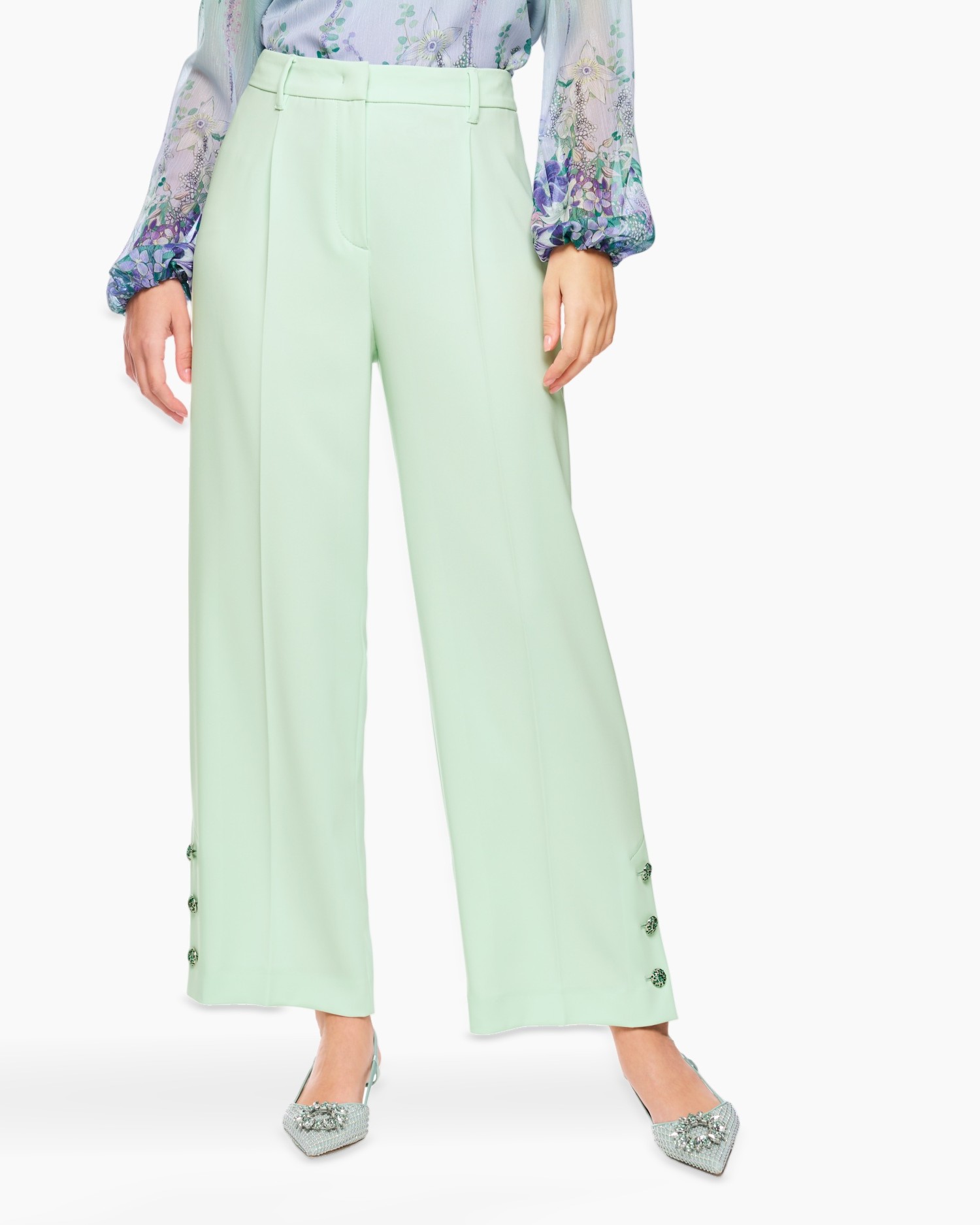 pants, wide-leg, mint, button-detail, high-waist