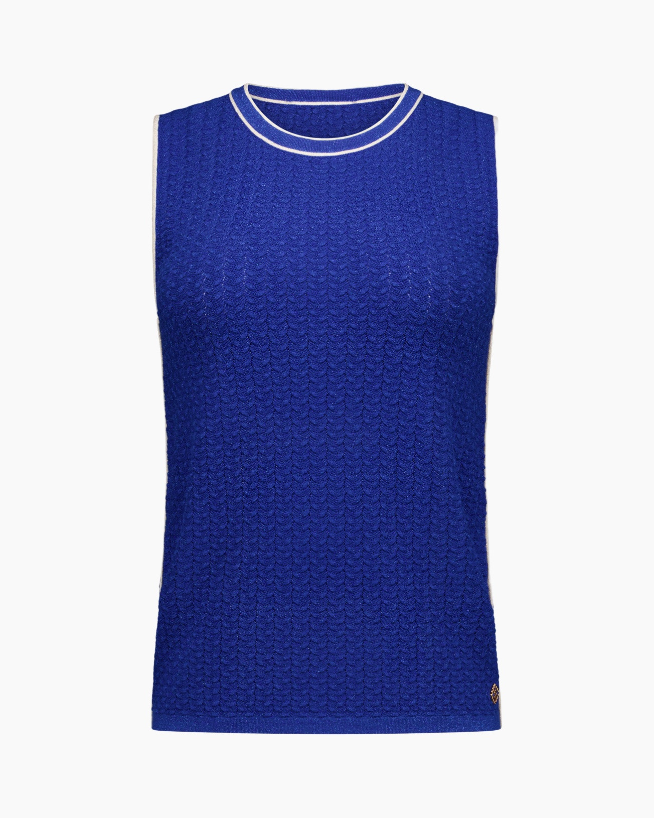 sleeveless top, knit texture, royal blue, crew neck, trim detail