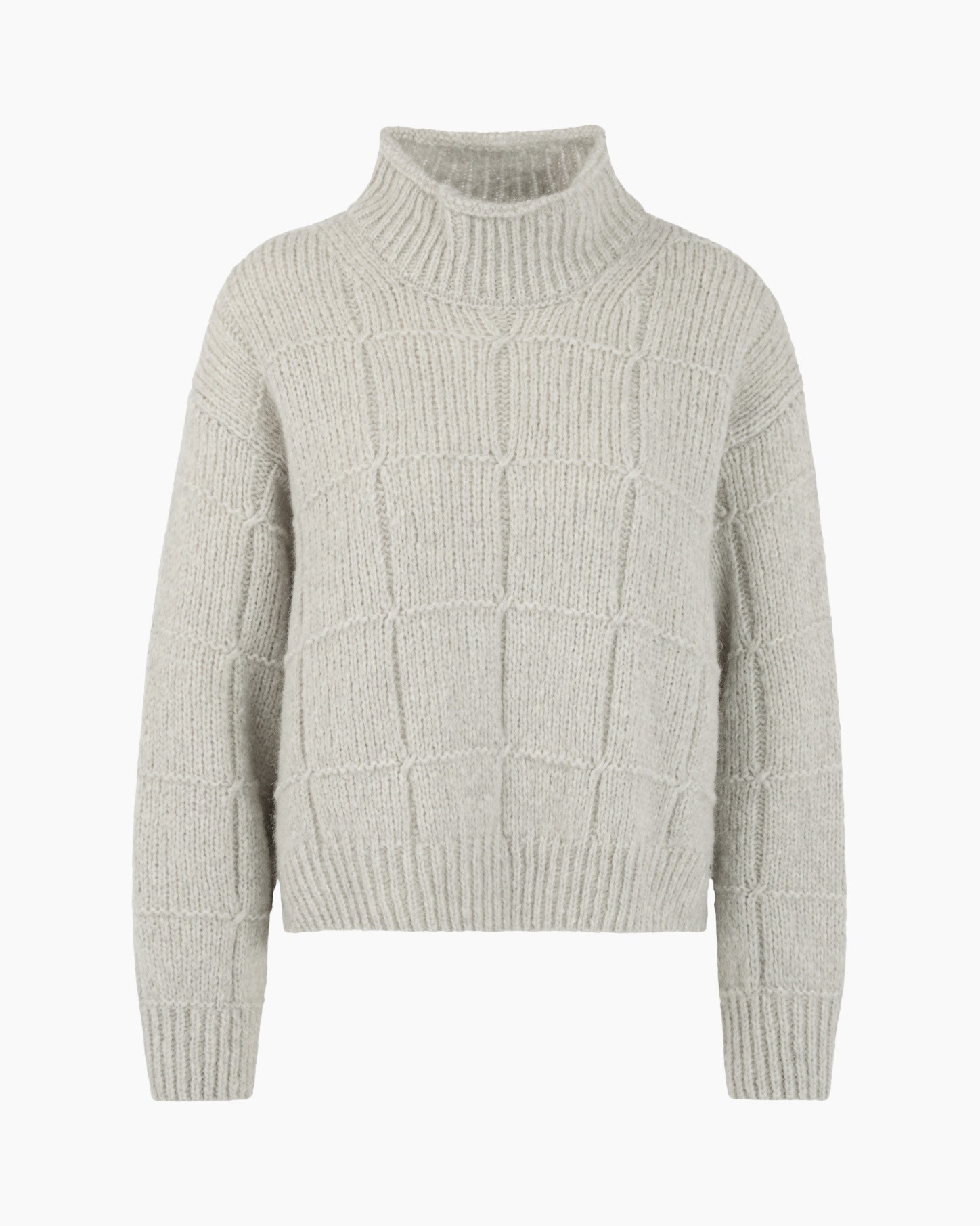 knit sweater, turtleneck, chunky knit, grid pattern, beige/neutral