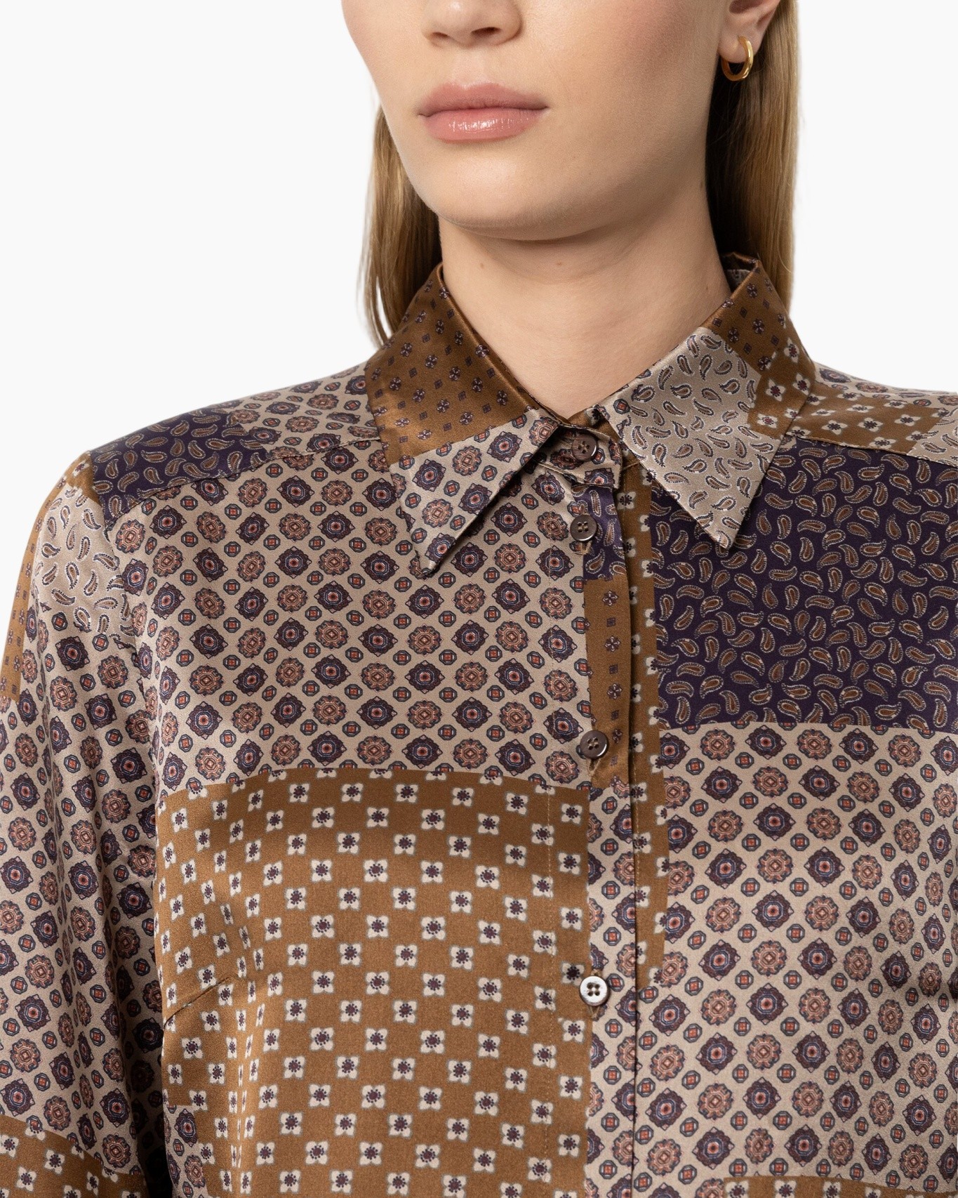 button-down, shirt, patchwork, patterned, collar