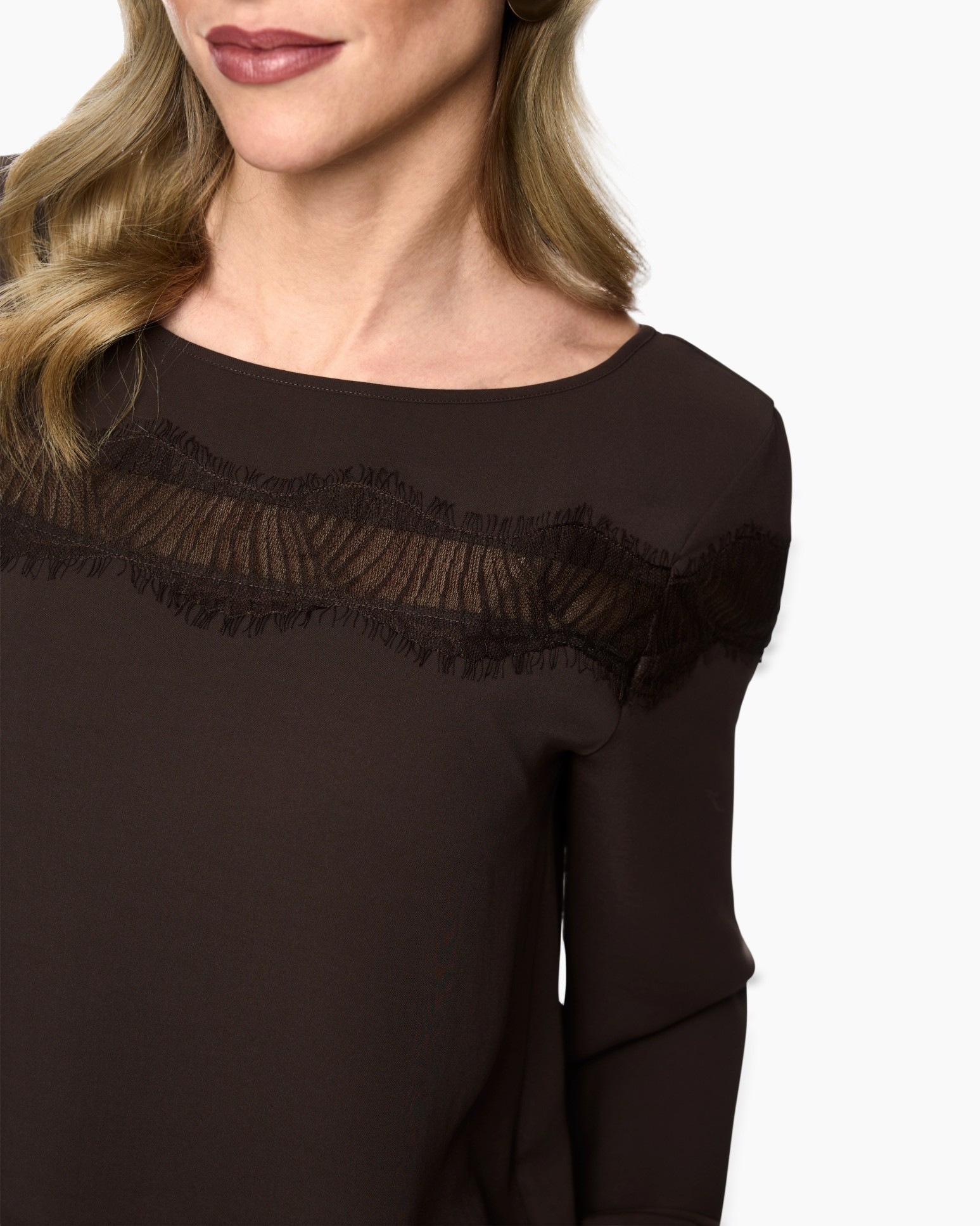 top, blouse, lace, brown, long-sleeve