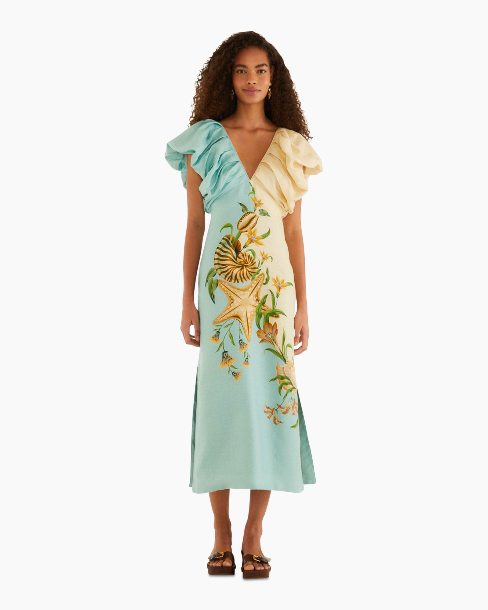 dress, maxi dress, green dress, floral pattern, ruffle sleeve