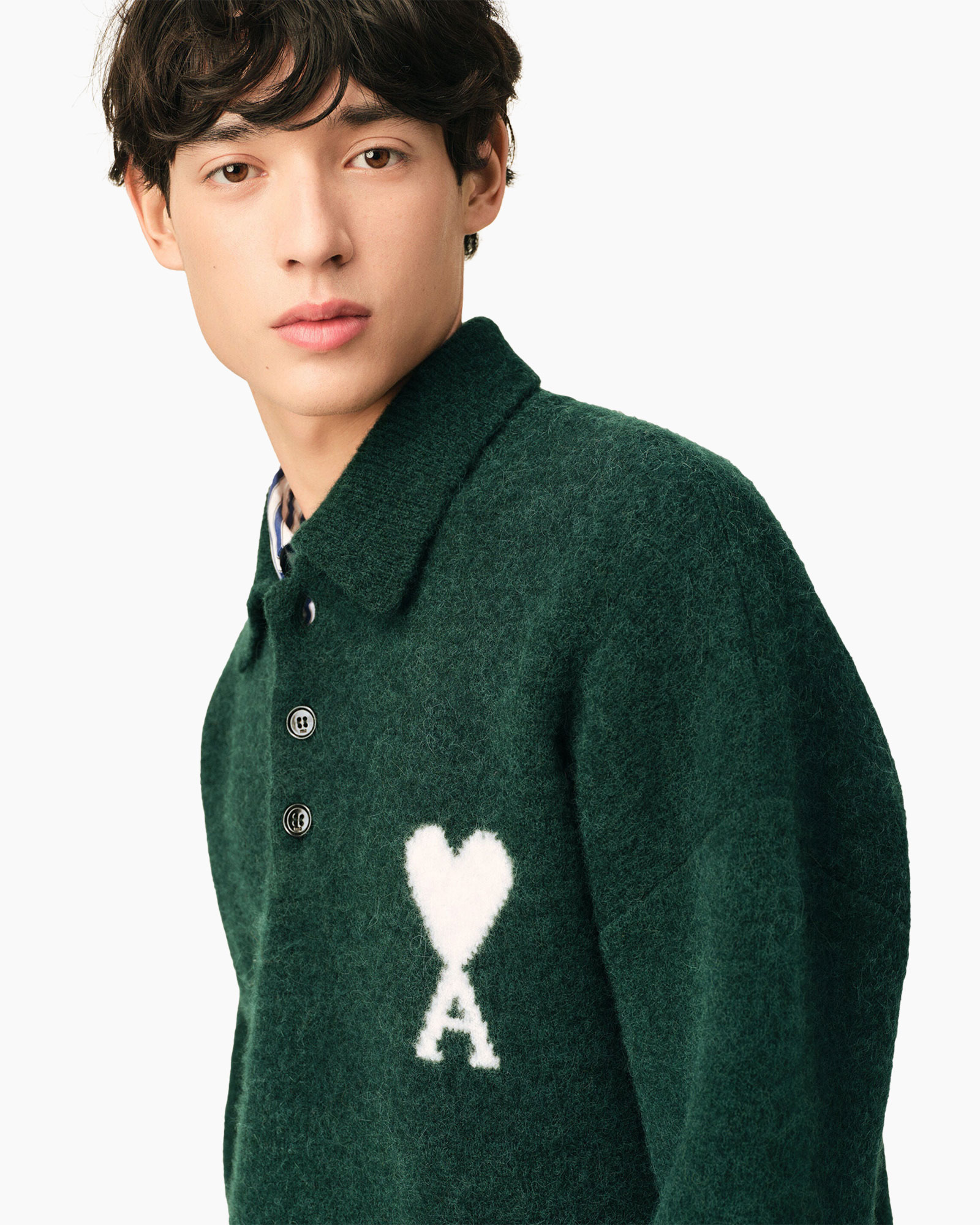 green cardigan, heart motif, knit sweater, cozy fabric, button placket