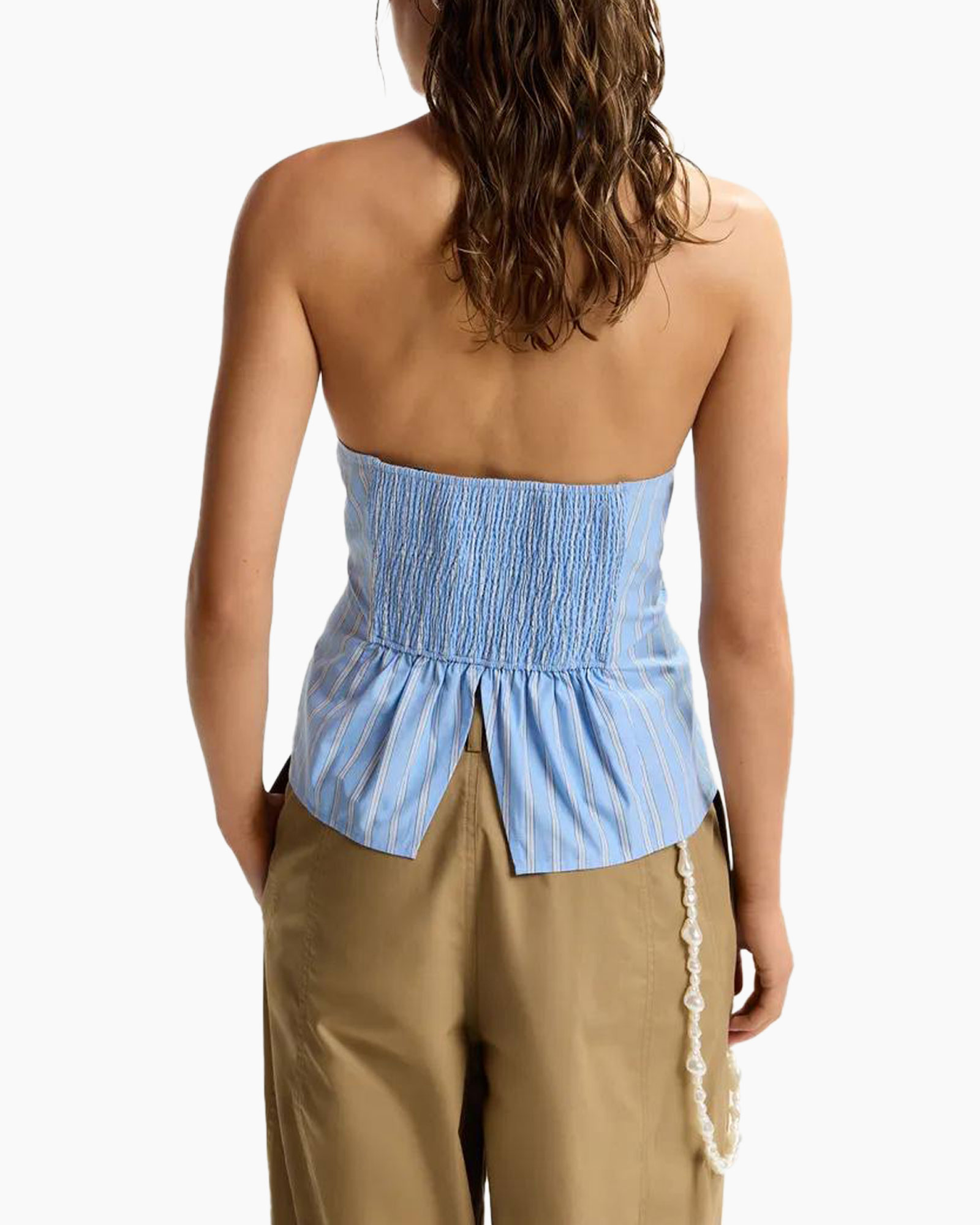 strapless top, smocked top, blue striped, peplum back, casual blouse